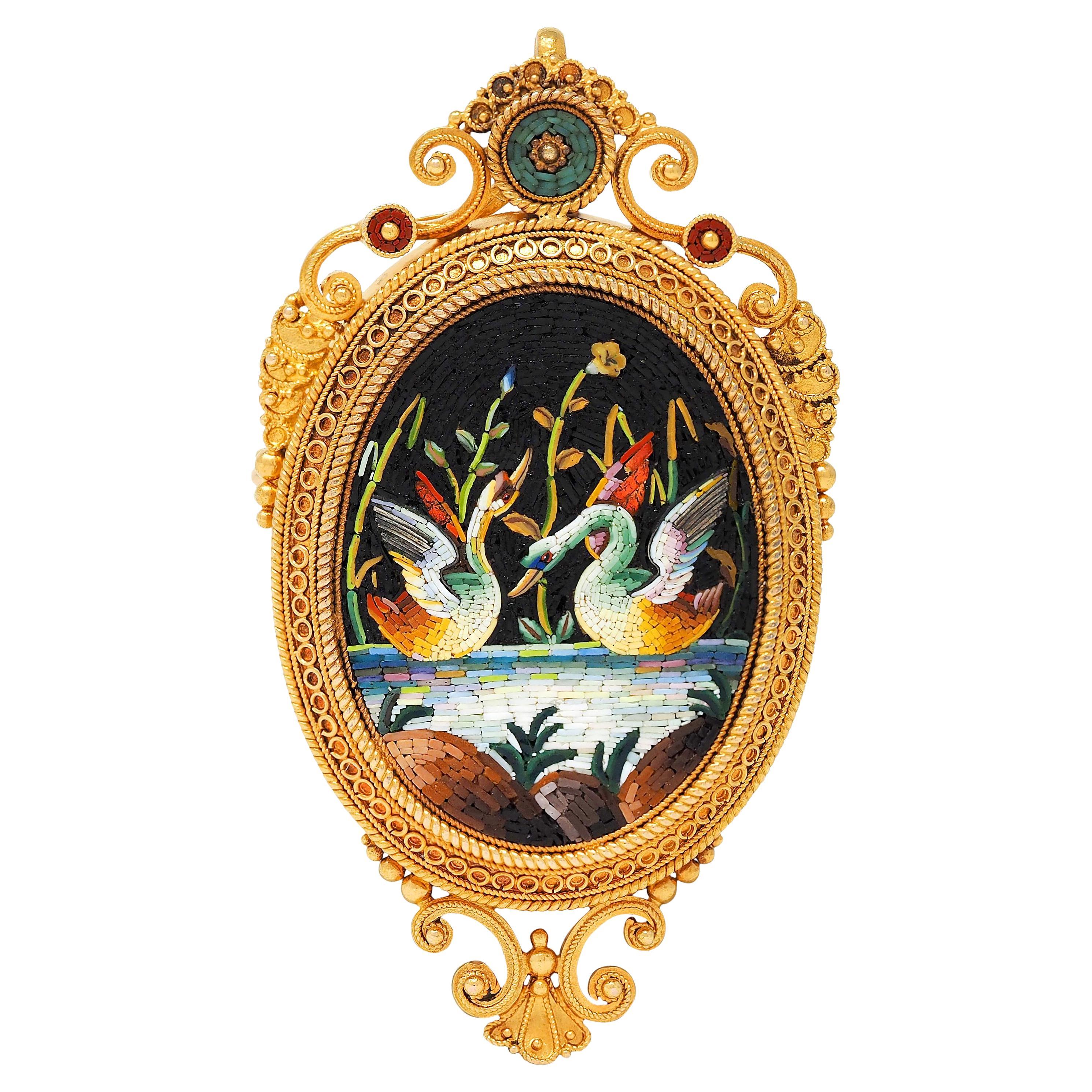 Broche Colgante Cisne Antiguo Victoriano Renacimiento Etrusco Micro-Mosaico Oro 18K