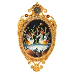 Broche Colgante Cisne Antiguo Victoriano Renacimiento Etrusco Micro-Mosaico Oro 18K