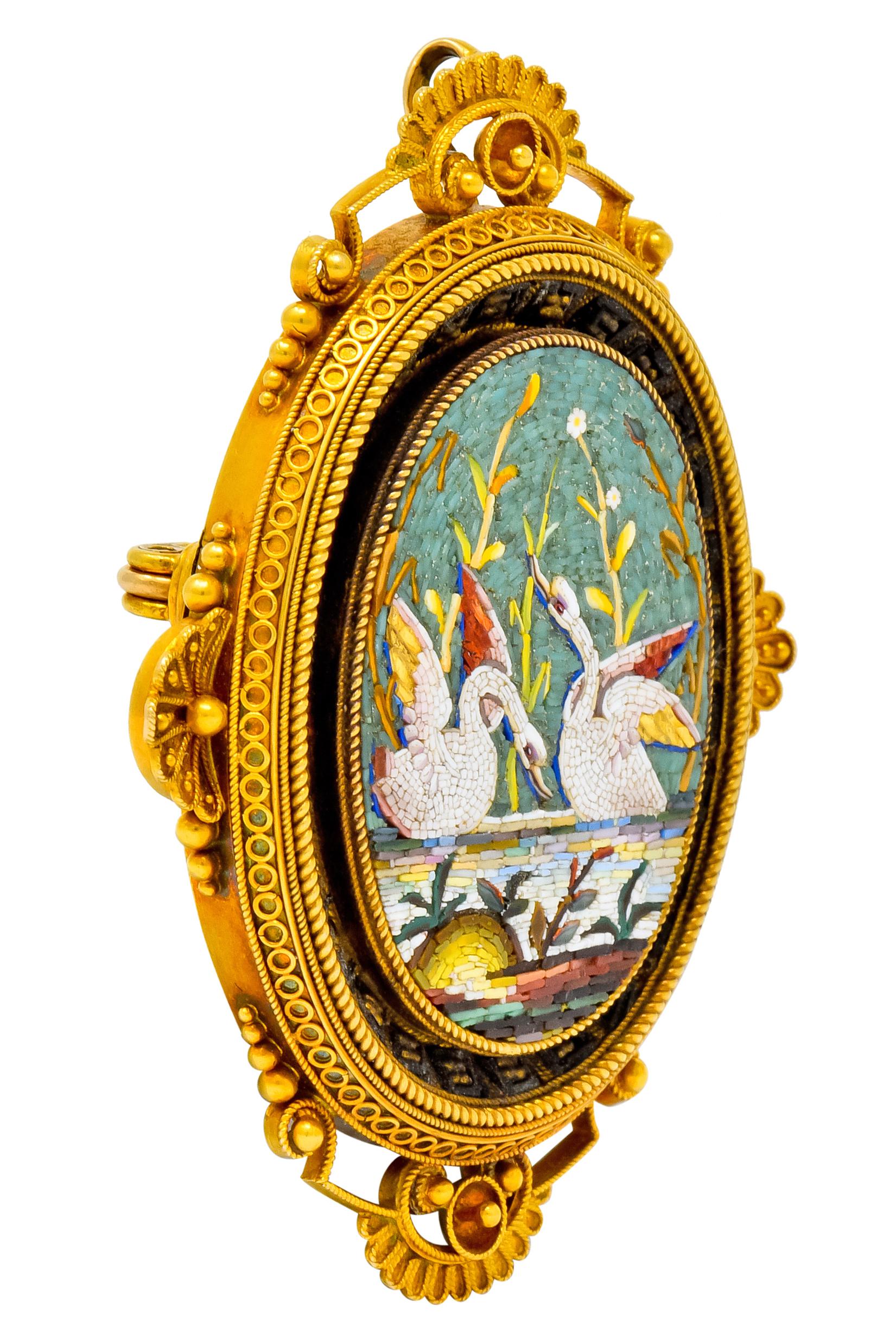 Victorian Etruscan Revival Micro Mosaic 20 Karat Yellow Gold Swan Pendant Brooch In Excellent Condition In Philadelphia, PA