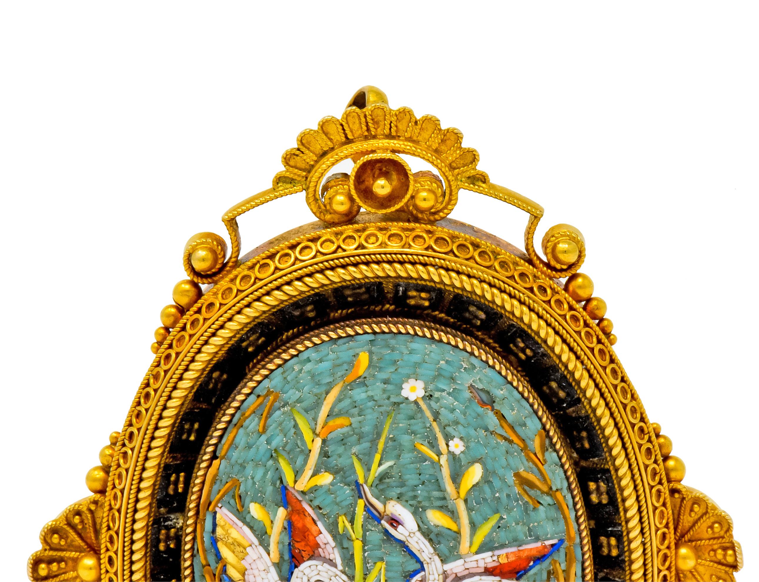 Women's or Men's Victorian Etruscan Revival Micro Mosaic 20 Karat Yellow Gold Swan Pendant Brooch