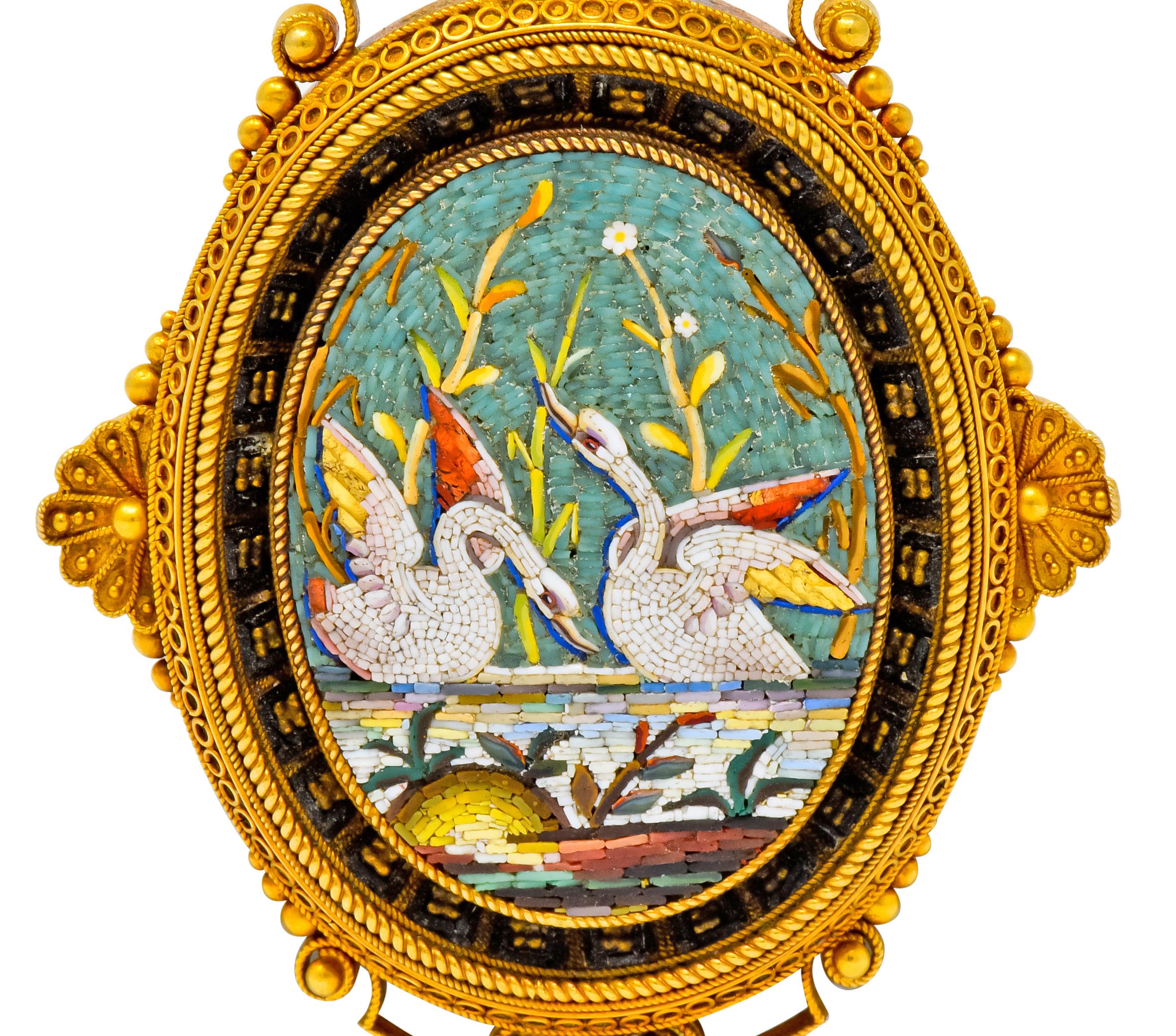Victorian Etruscan Revival Micro Mosaic 20 Karat Yellow Gold Swan Pendant Brooch 1