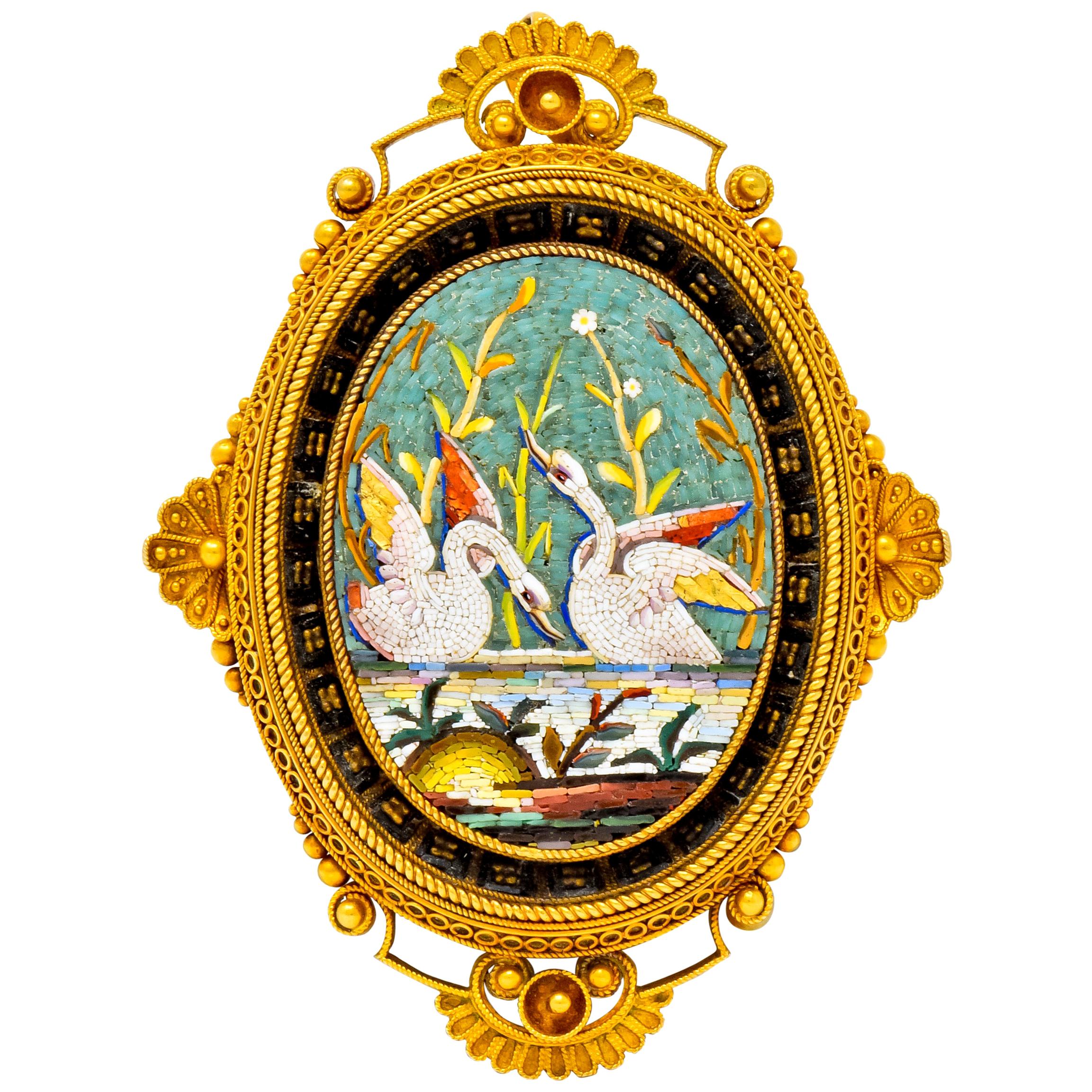 Victorian Etruscan Revival Micro Mosaic 20 Karat Yellow Gold Swan Pendant Brooch