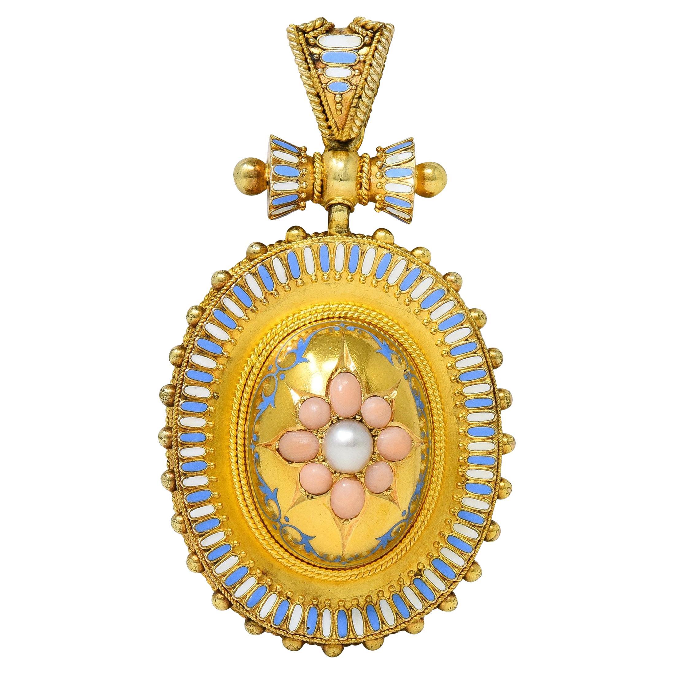 Viktorianische Etruscan Revival Multi-Gem-Emaille 14K Gold antiken Stern Medaillon Anhänger im Angebot