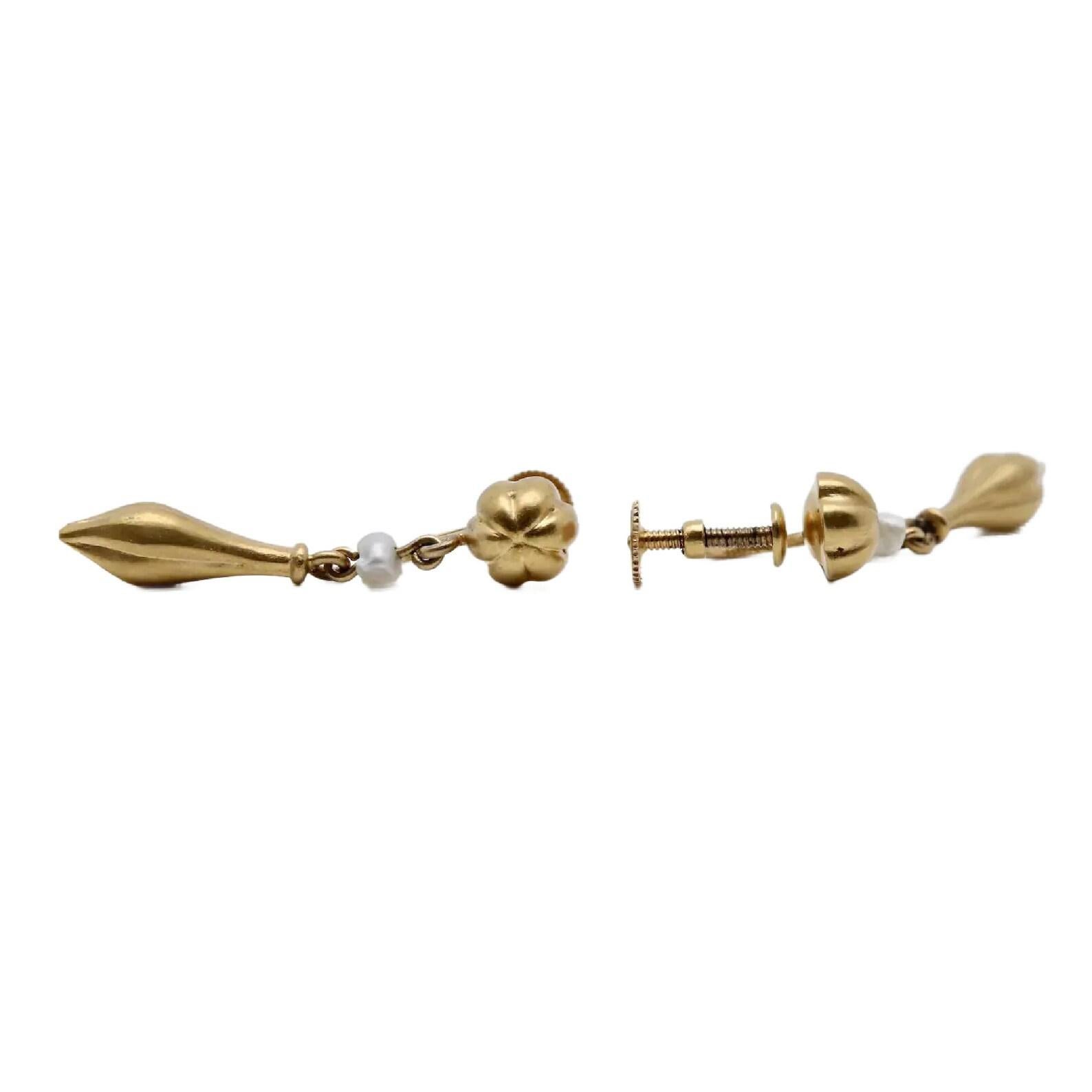 Round Cut Victorian Etruscan Revival Natural Pearl Dangle Earrings in 14K Yellow Gold For Sale
