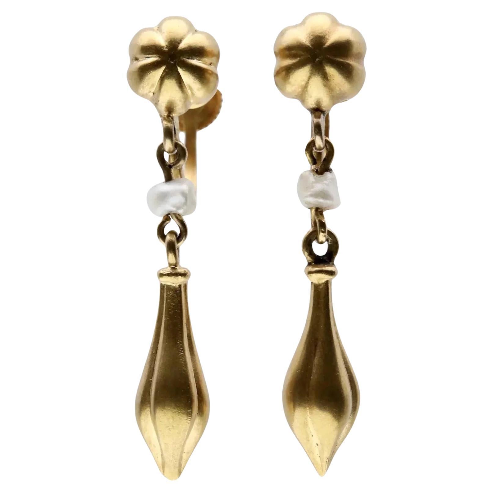 Victorian Etruscan Revival Natural Pearl Dangle Earrings in 14K Yellow Gold For Sale
