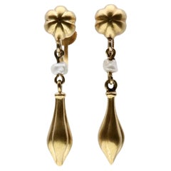 Victorian Etruscan Revival Natural Pearl Dangle Earrings in 14K Yellow Gold