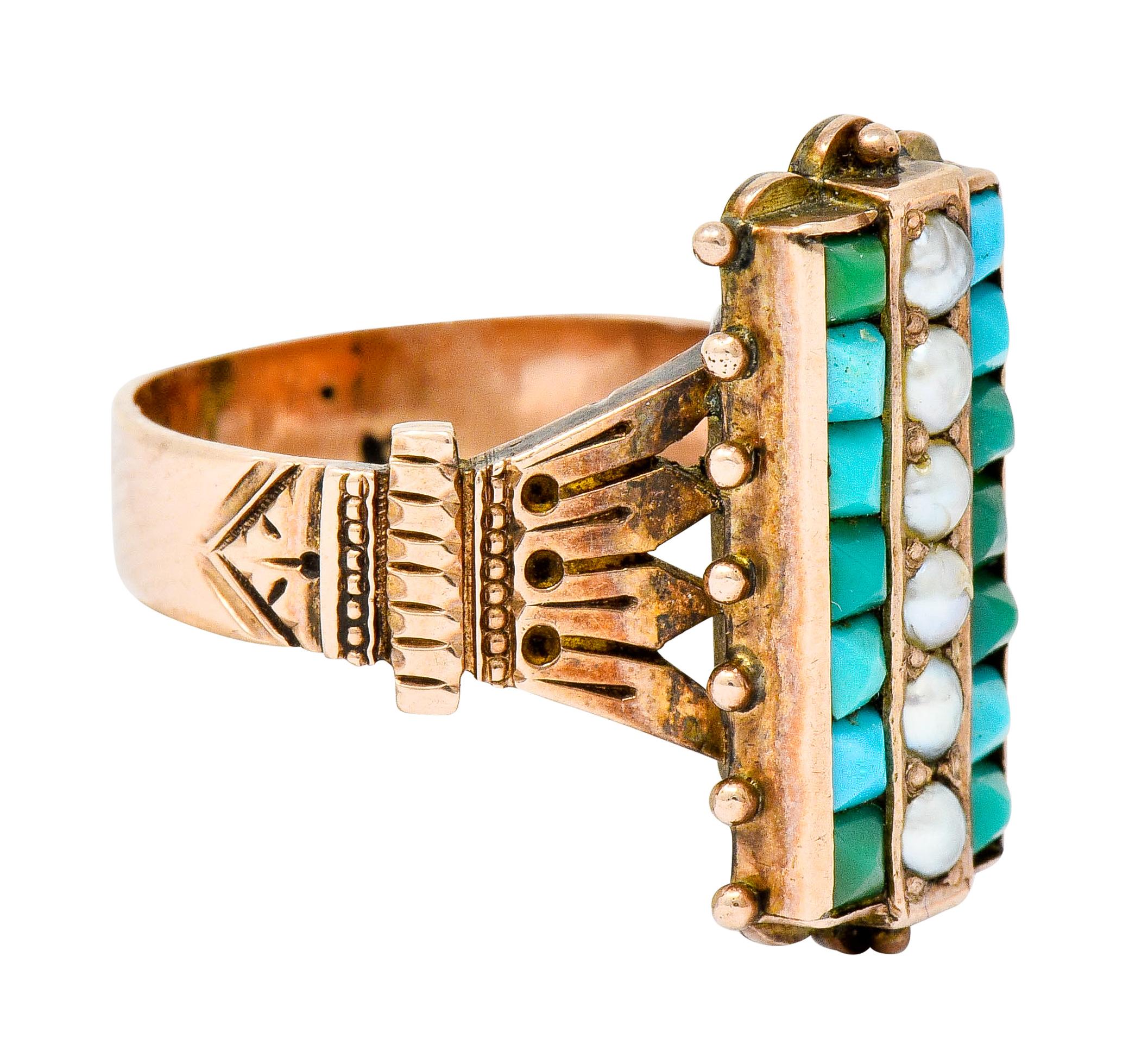 Etruscan style ring designed as an elongated rectangle with scalloped edges and gold bead accents

Centering a row of 2.5 mm natural seed pearls, set North to South, gray in body color and iridescent

Flanked by two rows of square calibrè cut