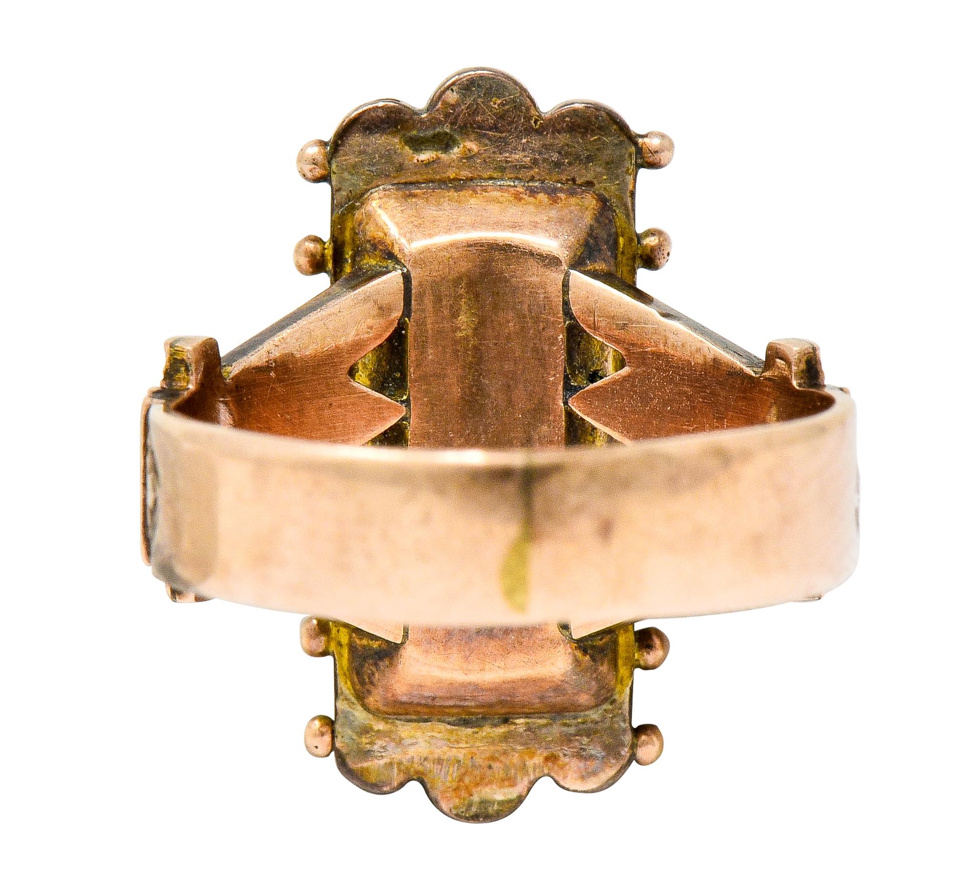 Square Cut Victorian Etruscan Revival Natural Seed Pearl Turquoise 14 Karat Rose Gold Ring