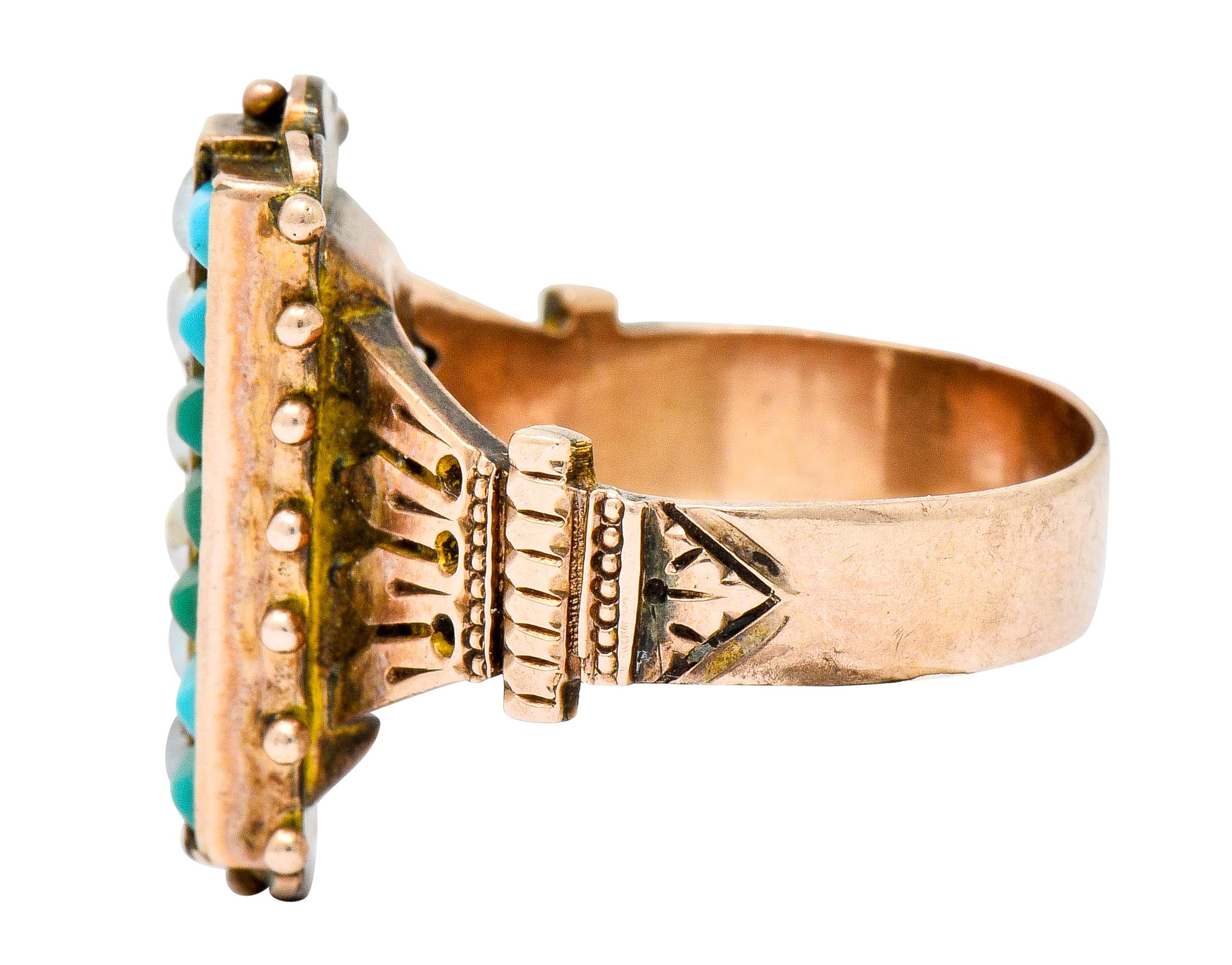 Victorian Etruscan Revival Natural Seed Pearl Turquoise 14 Karat Rose Gold Ring In Excellent Condition In Philadelphia, PA