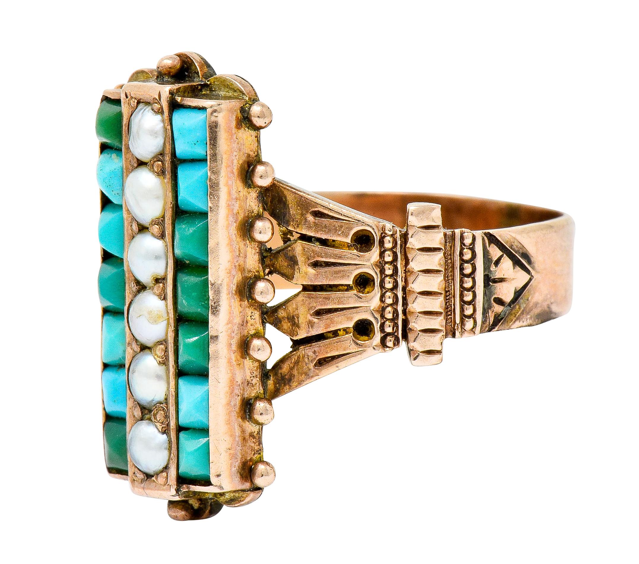 Women's or Men's Victorian Etruscan Revival Natural Seed Pearl Turquoise 14 Karat Rose Gold Ring
