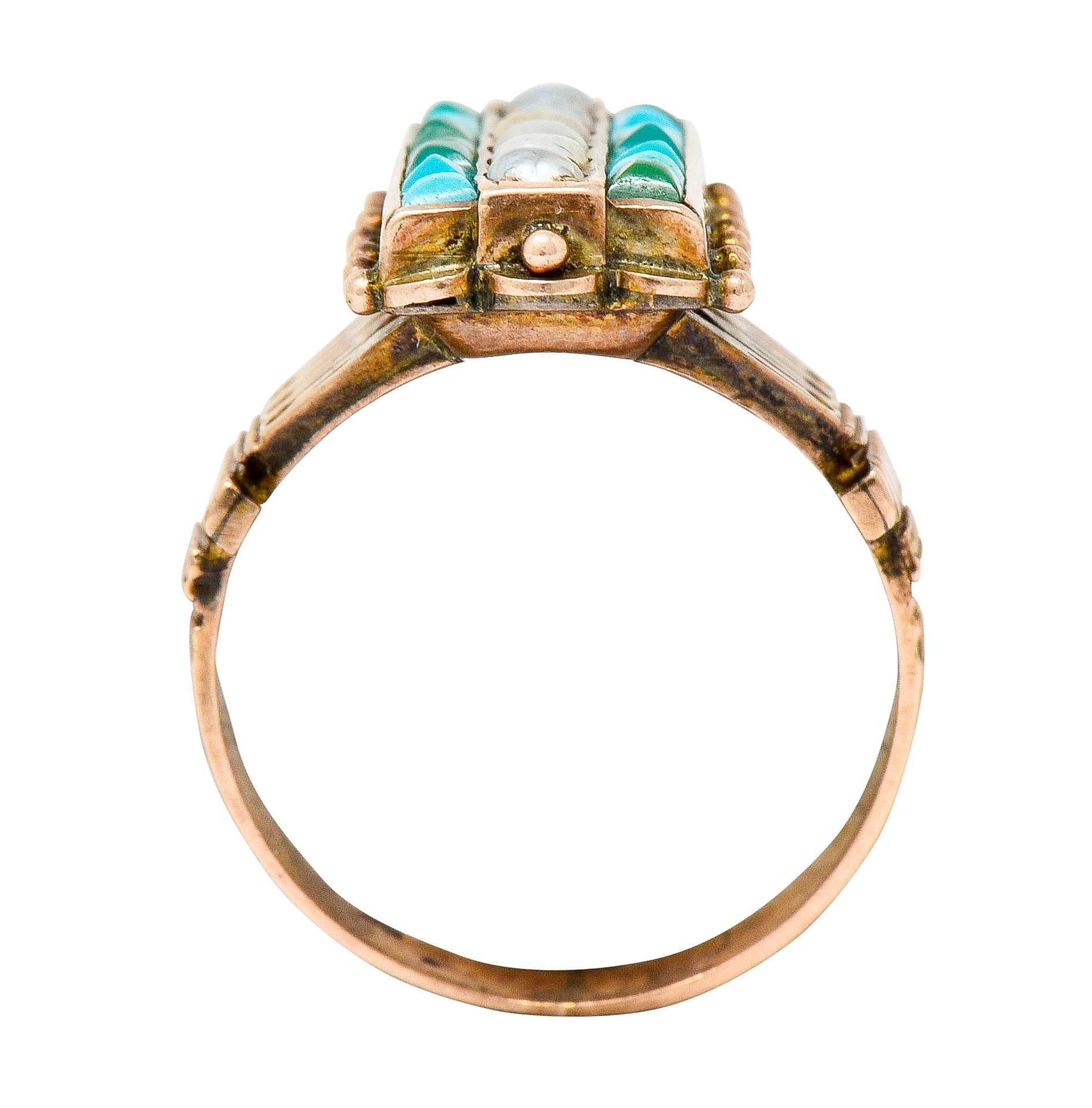 Victorian Etruscan Revival Natural Seed Pearl Turquoise 14 Karat Rose Gold Ring 1