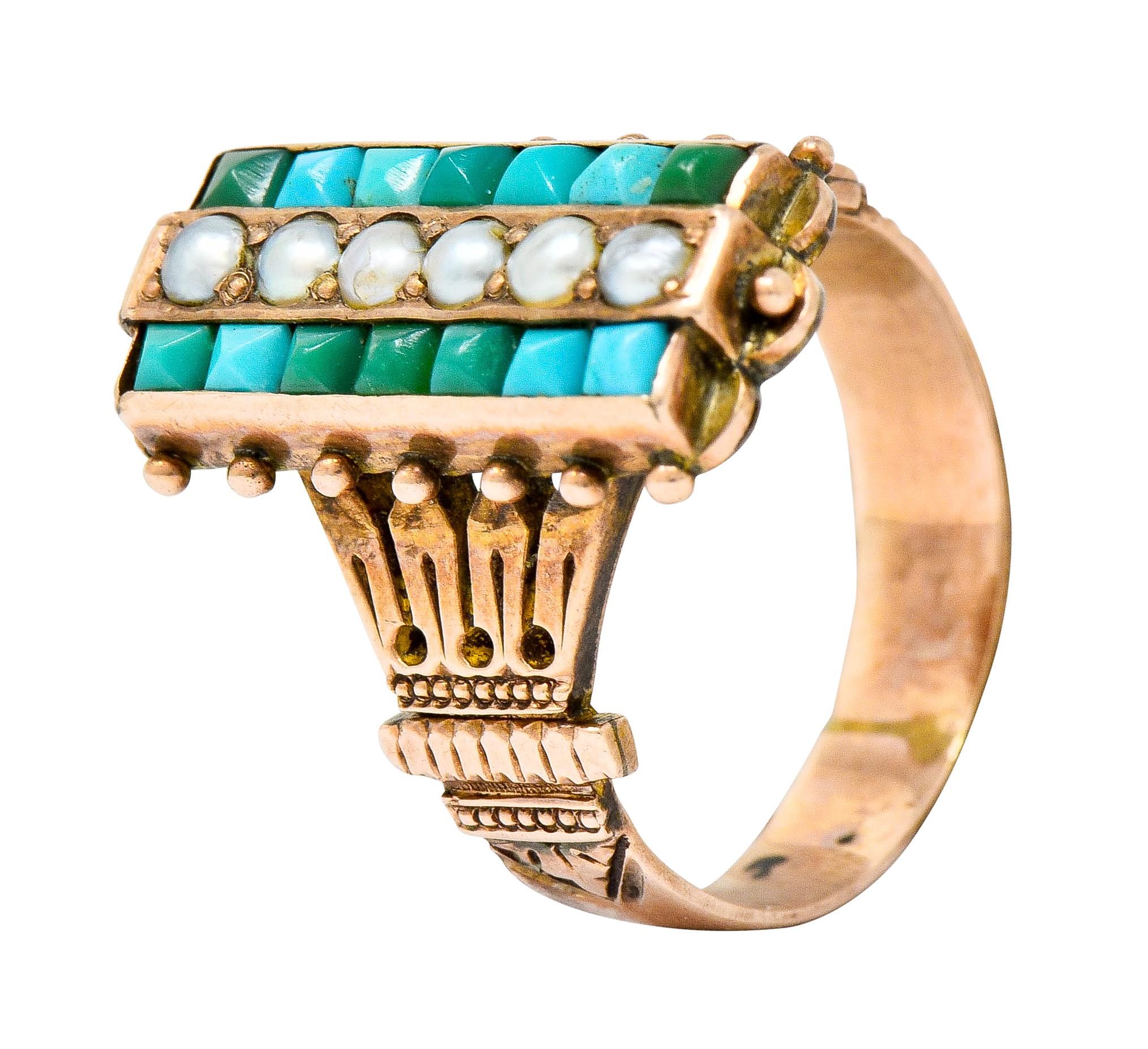 Victorian Etruscan Revival Natural Seed Pearl Turquoise 14 Karat Rose Gold Ring 2