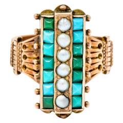 Victorian Etruscan Revival Natural Seed Pearl Turquoise 14 Karat Rose Gold Ring