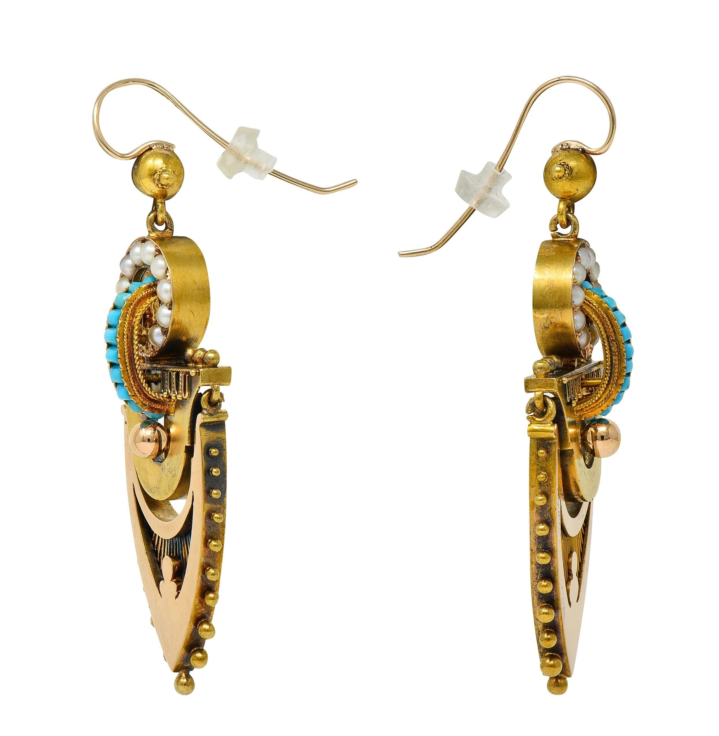 Sugarloaf Cabochon Victorian Etruscan Revival Pearl Turquoise 14 Karat Gold Antique Drop Earrings For Sale
