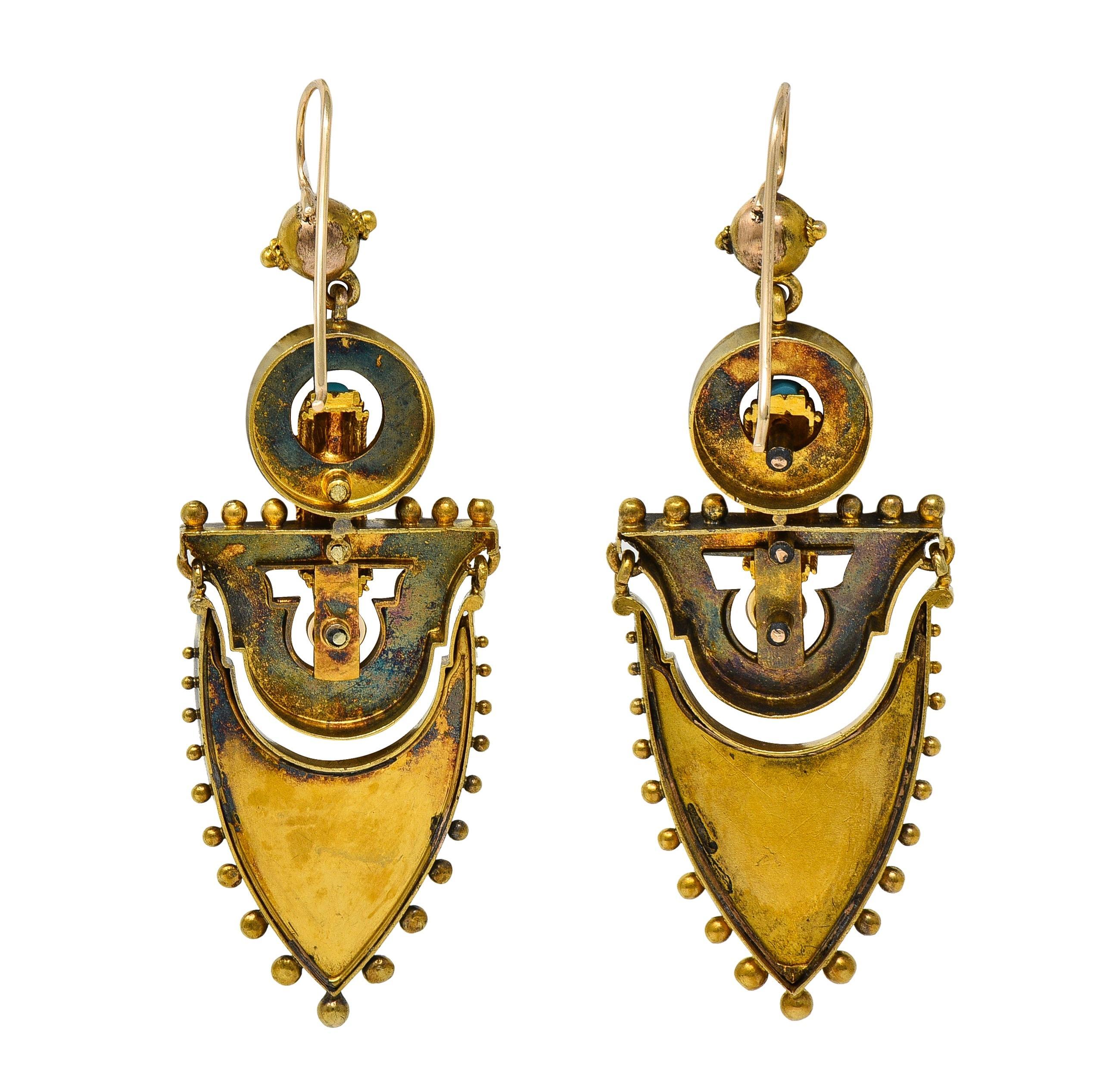 Victorian Etruscan Revival Pearl Turquoise 14 Karat Gold Antique Drop Earrings In Excellent Condition For Sale In Philadelphia, PA