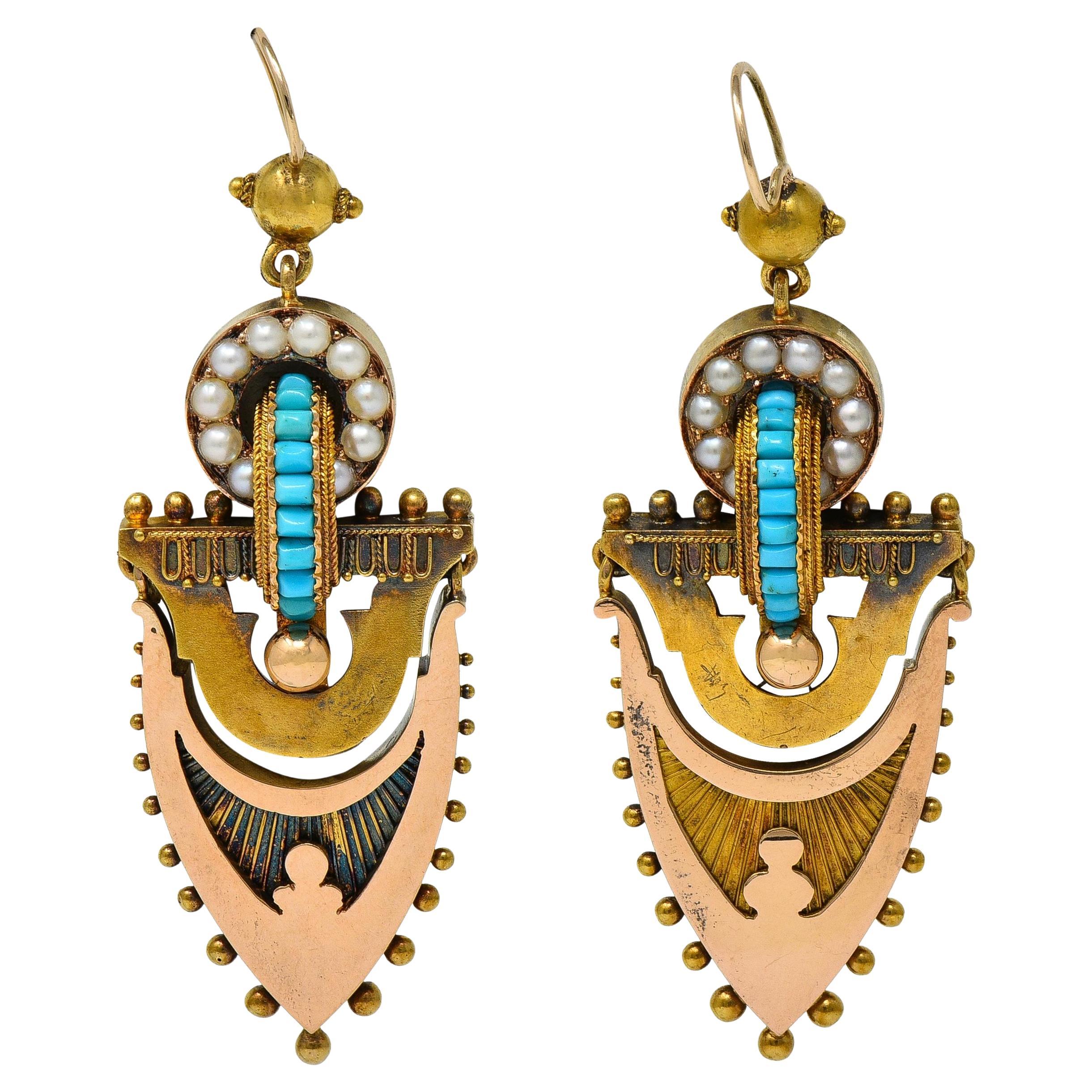 Victorian Etruscan Revival Pearl Turquoise 14 Karat Gold Antique Drop Earrings