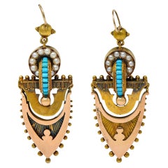 Victorian Etruscan Revival Pearl Turquoise 14 Karat Gold Antique Drop Earrings