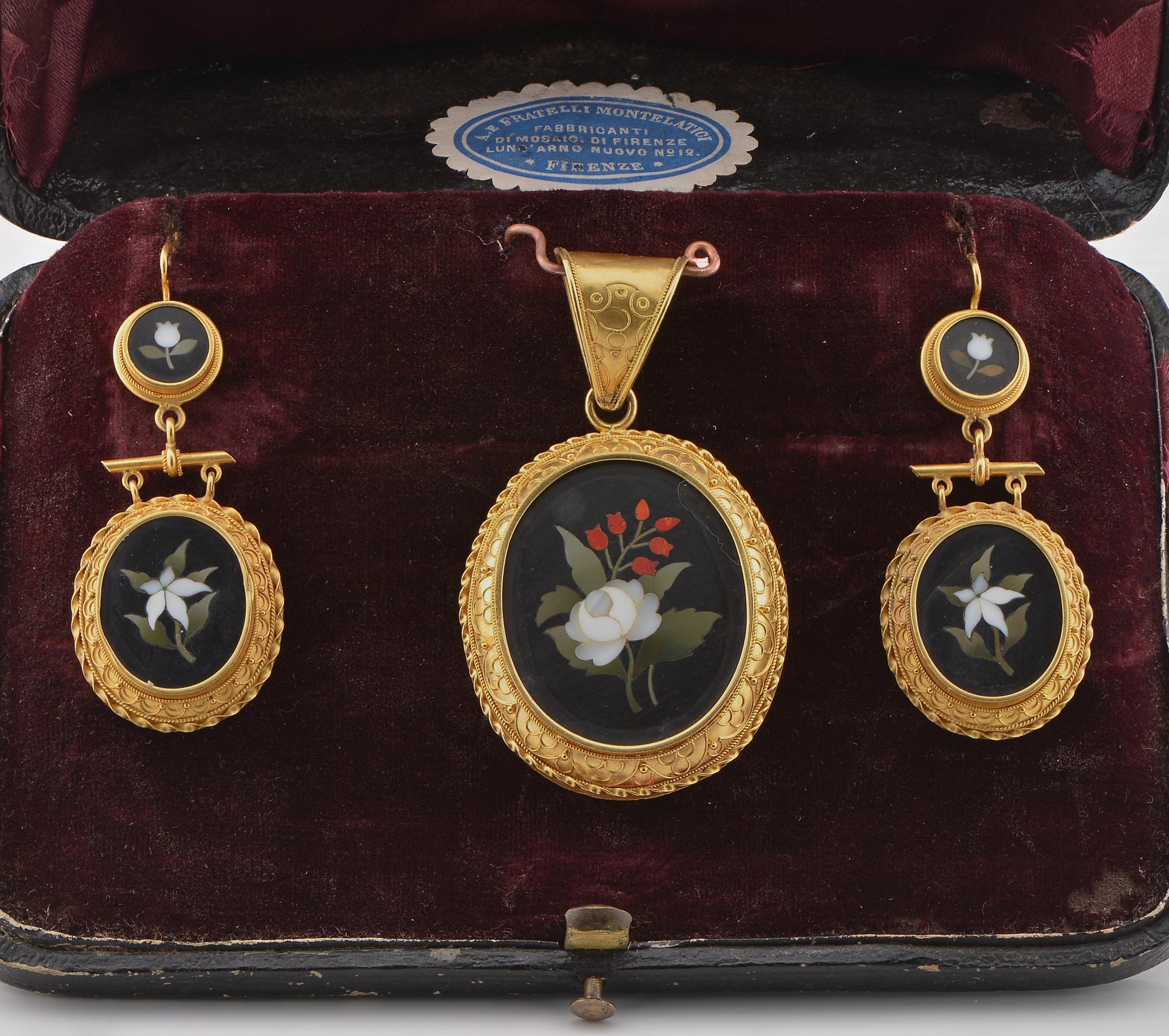 Past Fashion Impressed into Time
Very representative and distinctive Victorian period Etruscan revival earrings and pendant set, beautifully hand fabricated by MONTELATICI Angiolo e fratelli , Firenze (1860/1880) bearing the original maker label