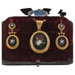 Antique Victorian Etruscan Revival Pietra Dura Cased Set 18 Kt 