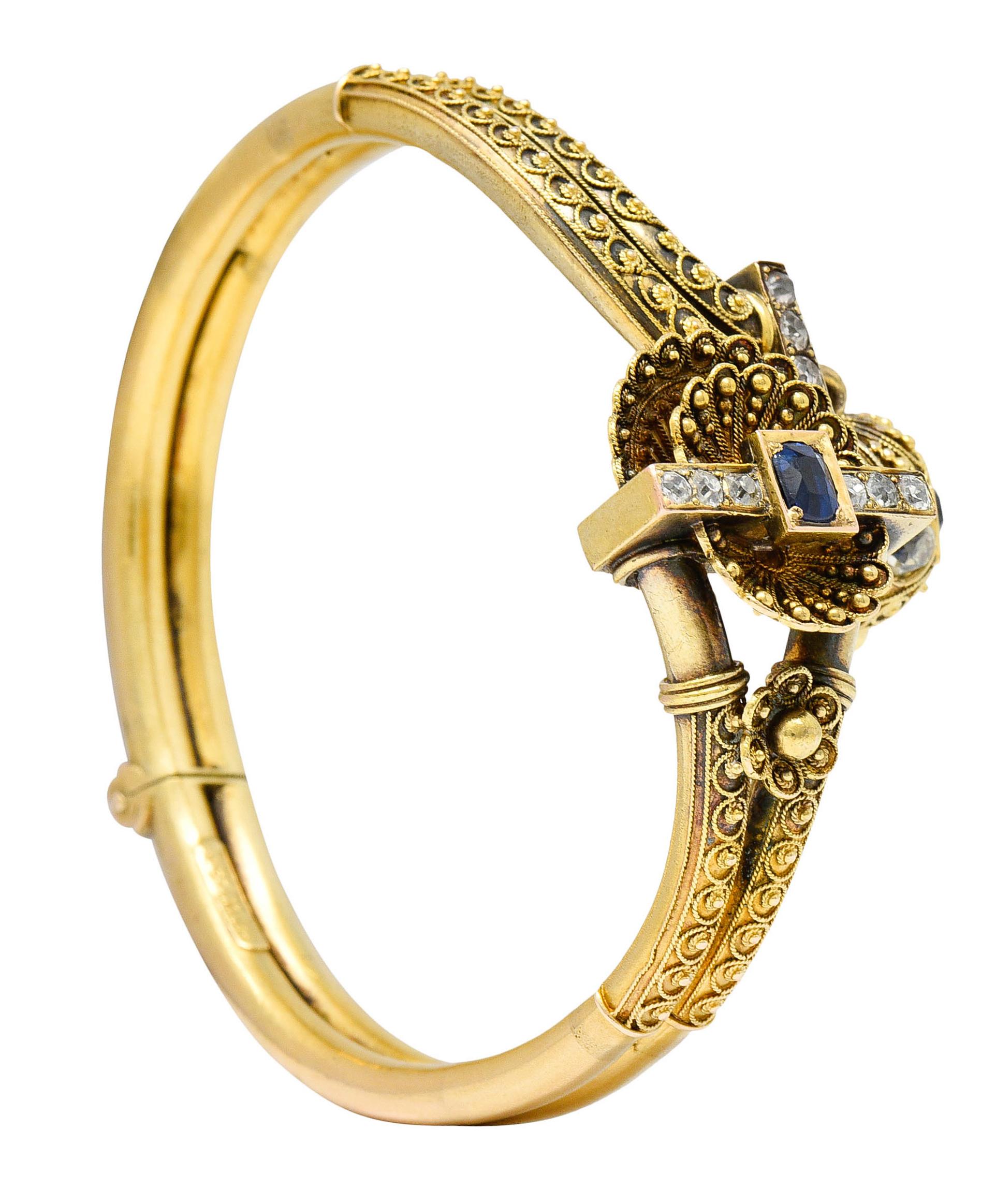 Victorian Etruscan Revival Sapphire Diamond 14 Karat Yellow Gold Cuff Bracelet 6