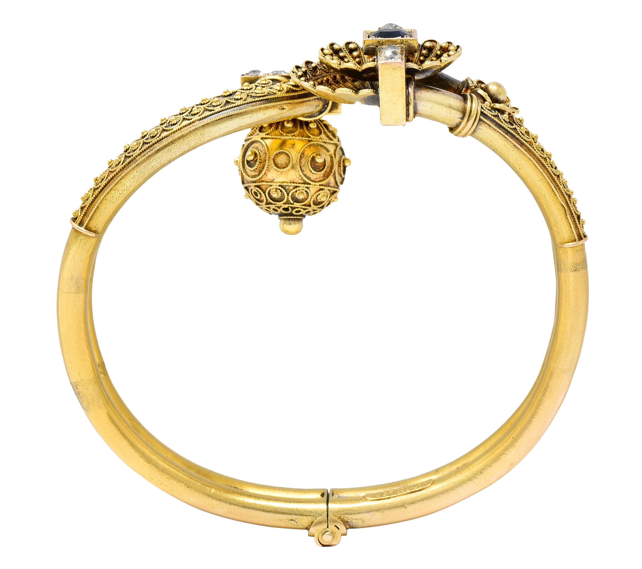 Victorian Etruscan Revival Sapphire Diamond 14 Karat Yellow Gold Cuff Bracelet 7