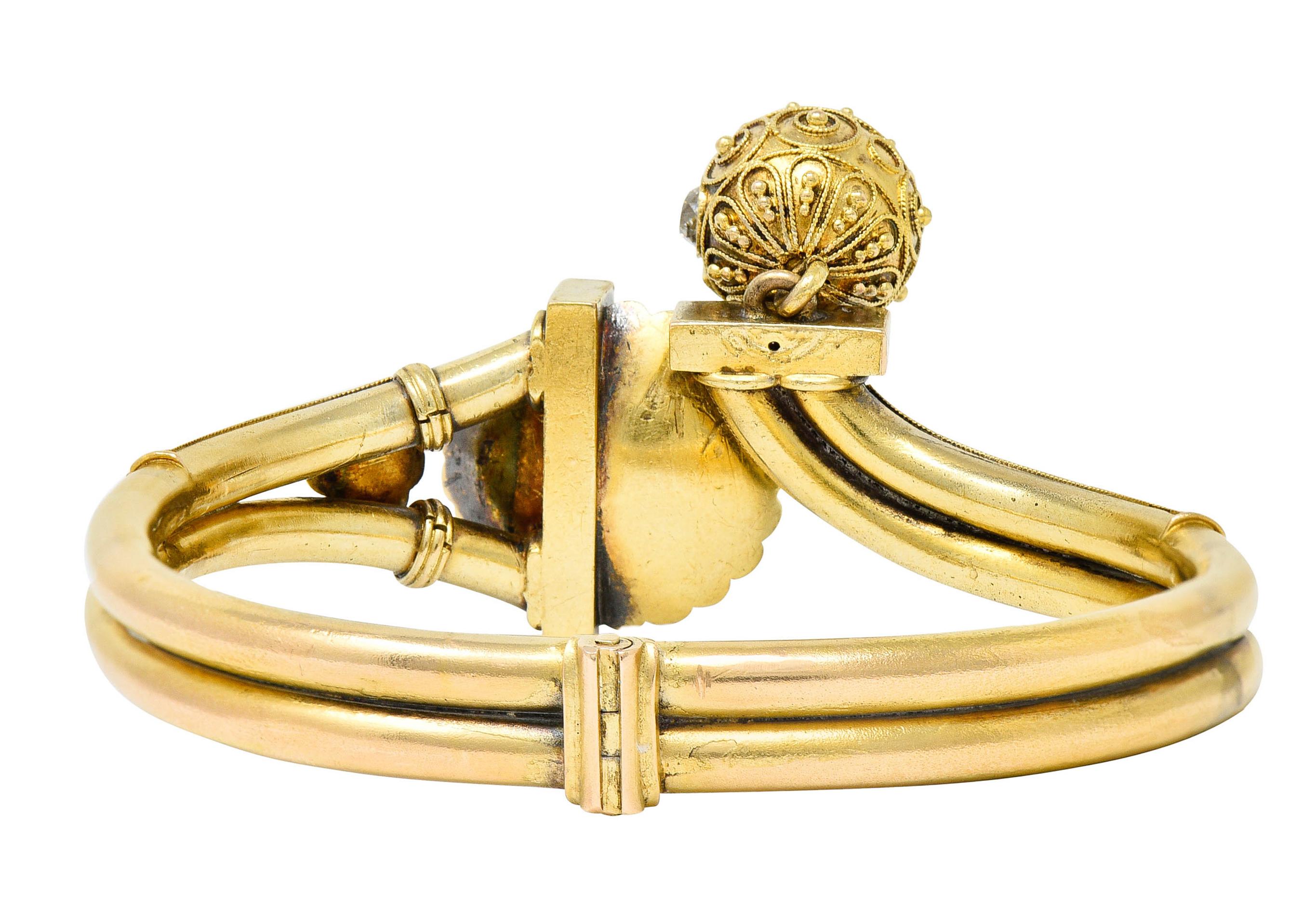Old European Cut Victorian Etruscan Revival Sapphire Diamond 14 Karat Yellow Gold Cuff Bracelet