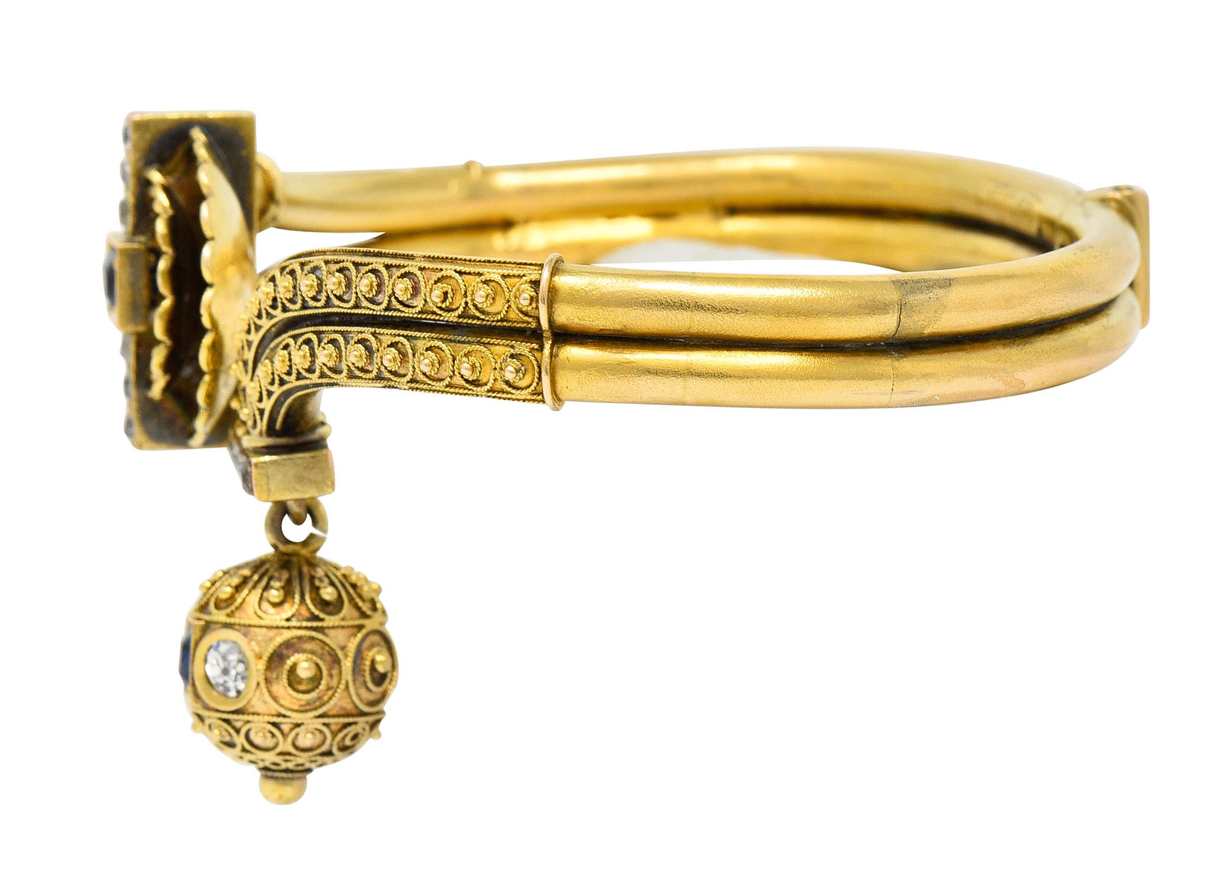 Victorian Etruscan Revival Sapphire Diamond 14 Karat Yellow Gold Cuff Bracelet In Excellent Condition In Philadelphia, PA