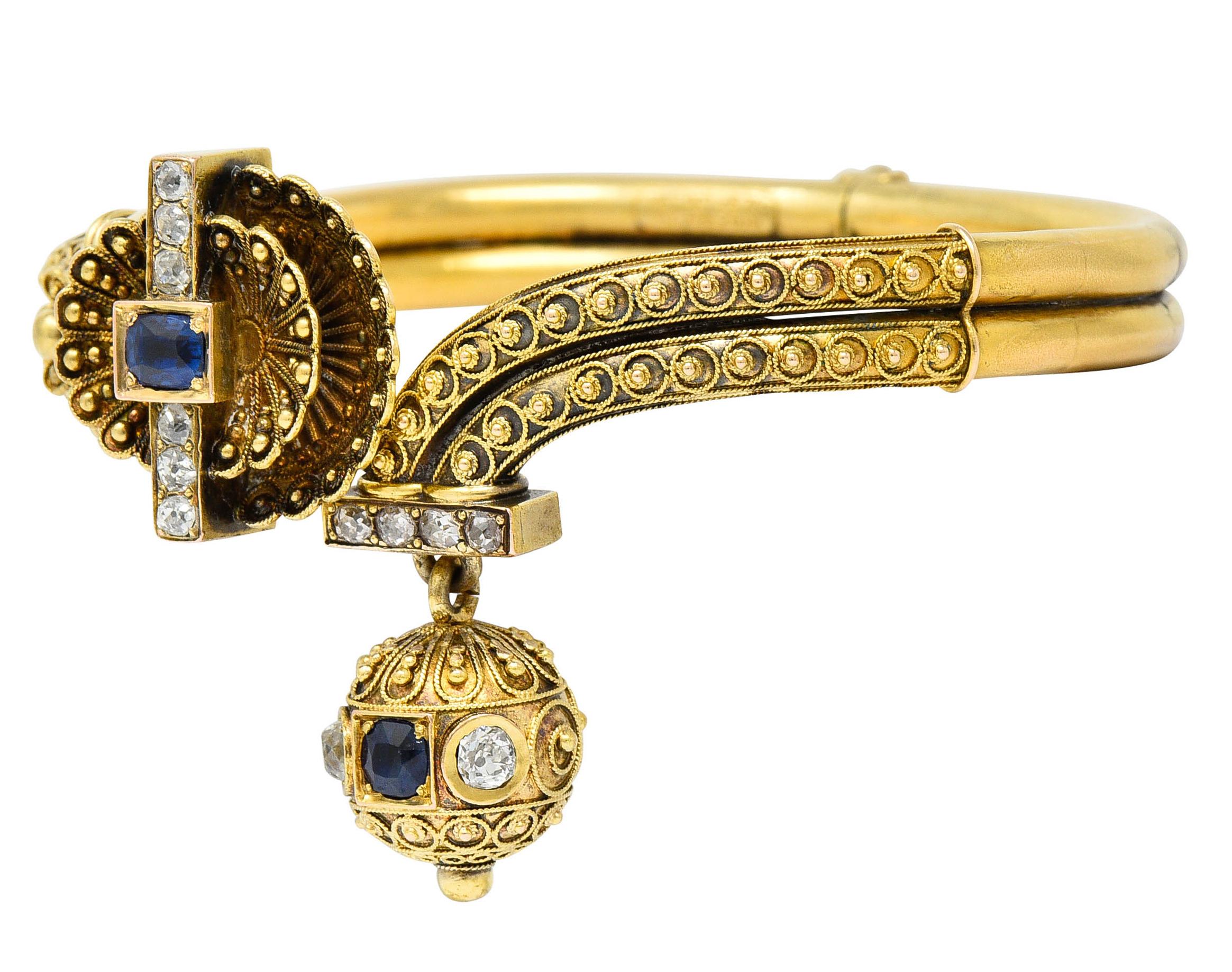 Women's or Men's Victorian Etruscan Revival Sapphire Diamond 14 Karat Yellow Gold Cuff Bracelet