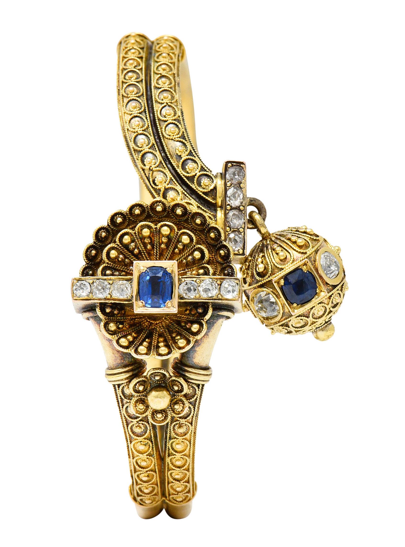 Victorian Etruscan Revival Sapphire Diamond 14 Karat Yellow Gold Cuff Bracelet 2