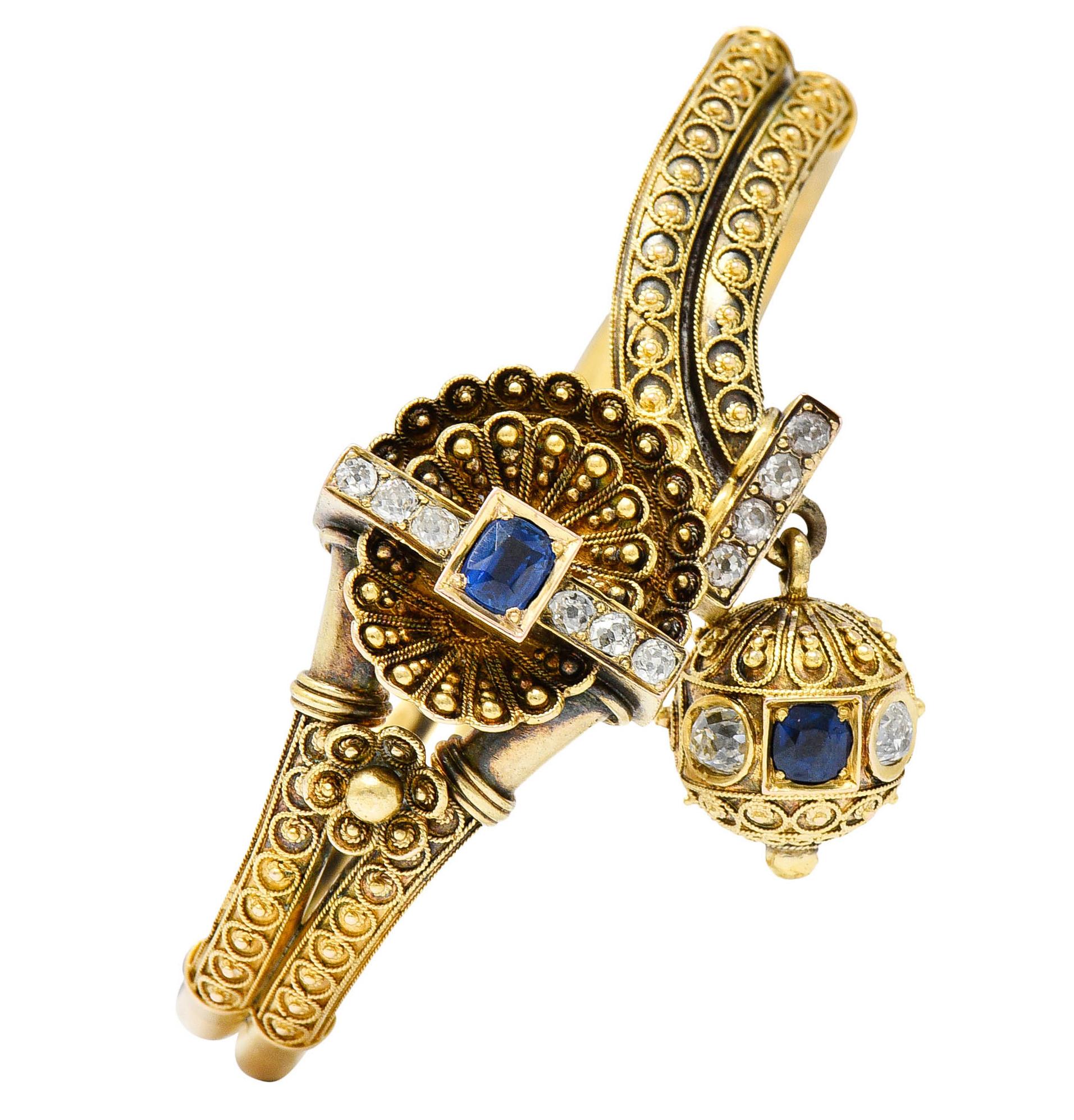 Victorian Etruscan Revival Sapphire Diamond 14 Karat Yellow Gold Cuff Bracelet 3