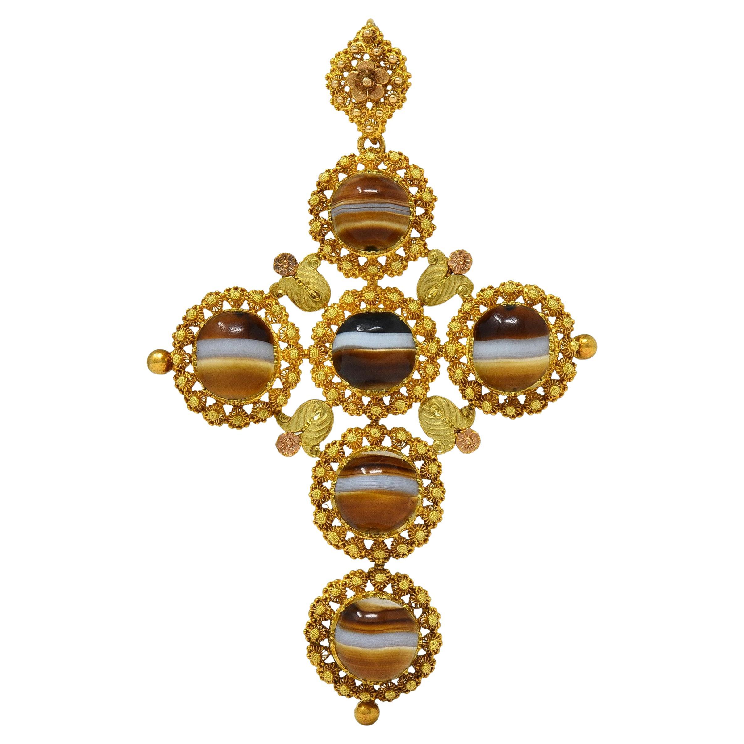 Victorian Etruscan Revival Sardonyx 18K Gold Antique Cross Pendant