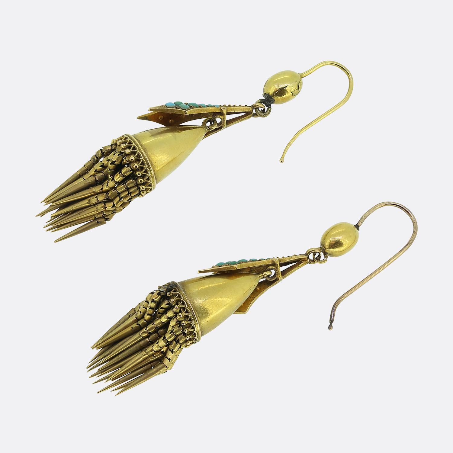 Cabochon Victorian  Etruscan Revival Turquoise Drop Earrings