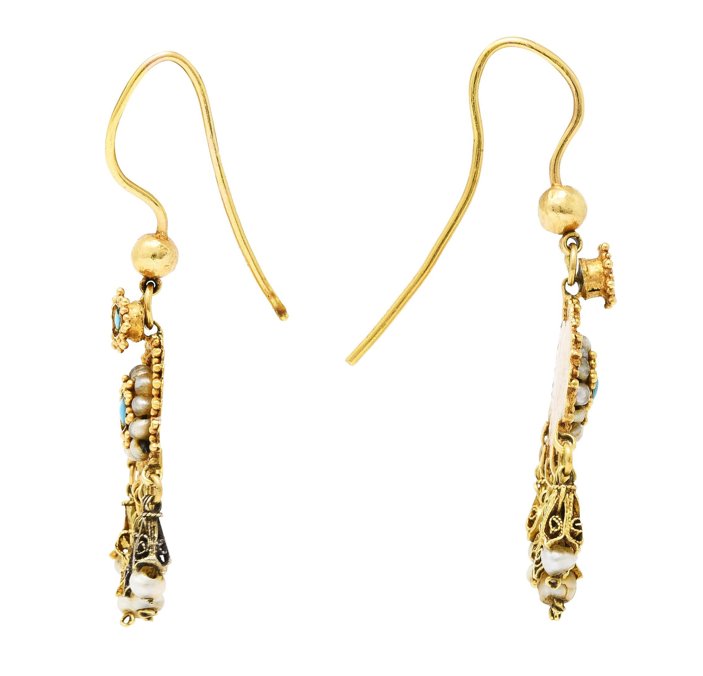 Drop style earrings designed as radial gold bead surmount suspending an ornate circular drop

Drop features a gold bead surround and articulated fringe terminating as seed pearls

Seed pearls range from gray to cream in body color - quality