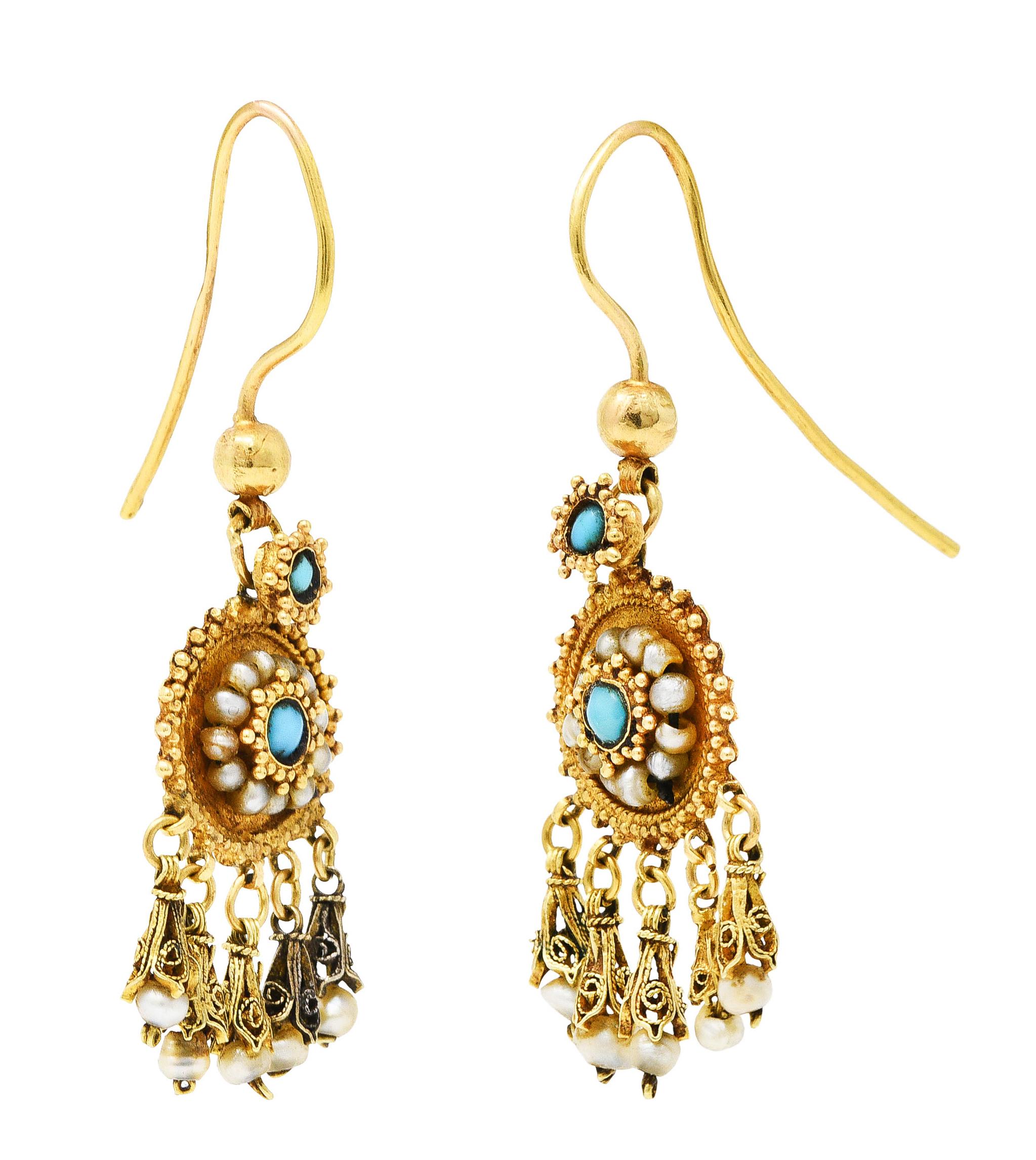 Victorian Etruscan Revival Turquoise Pearl 18 Karat Gold Drop Earrings In Excellent Condition In Philadelphia, PA