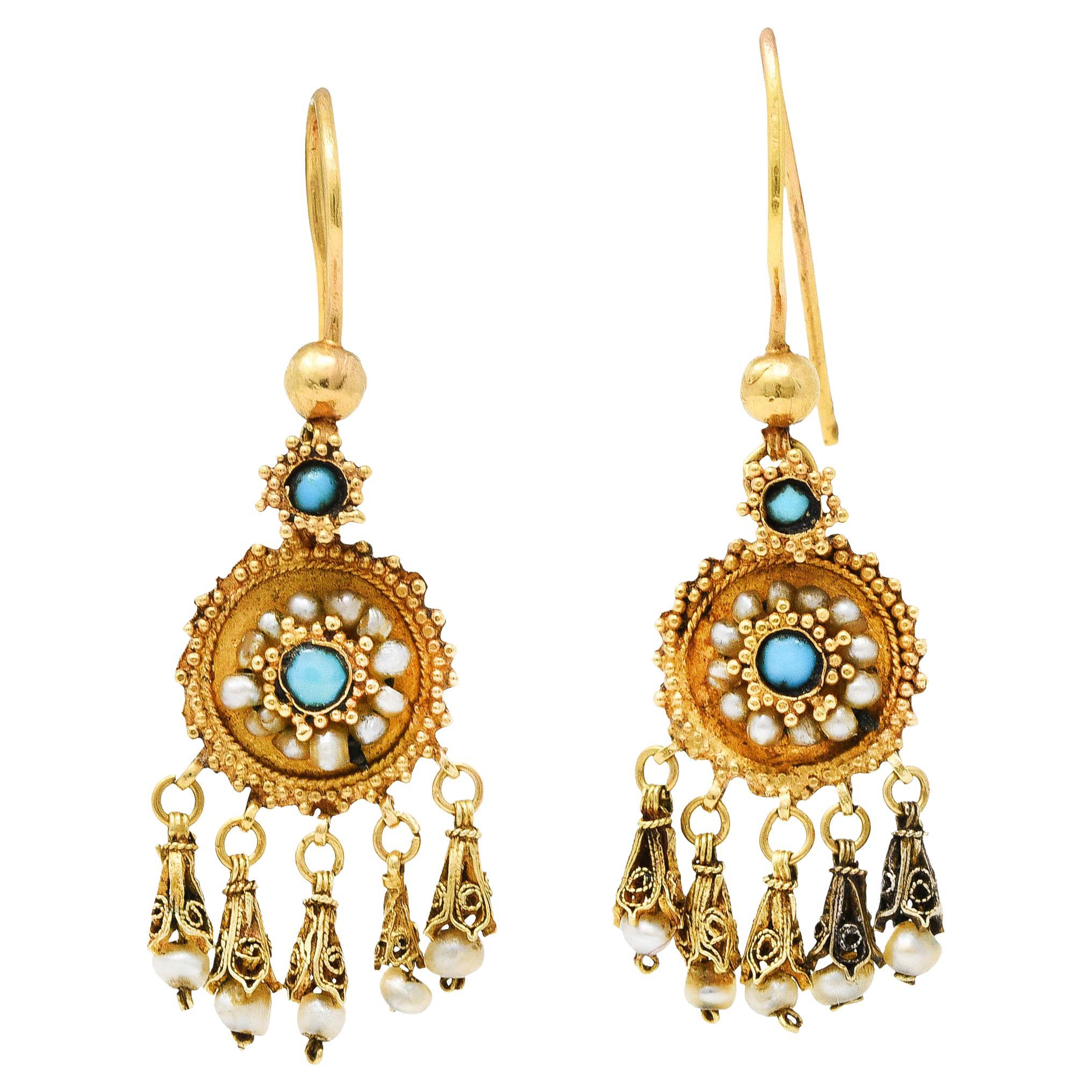 Victorian Etruscan Revival Turquoise Pearl 18 Karat Gold Drop Earrings
