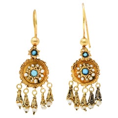 Antique Victorian Etruscan Revival Turquoise Pearl 18 Karat Gold Drop Earrings