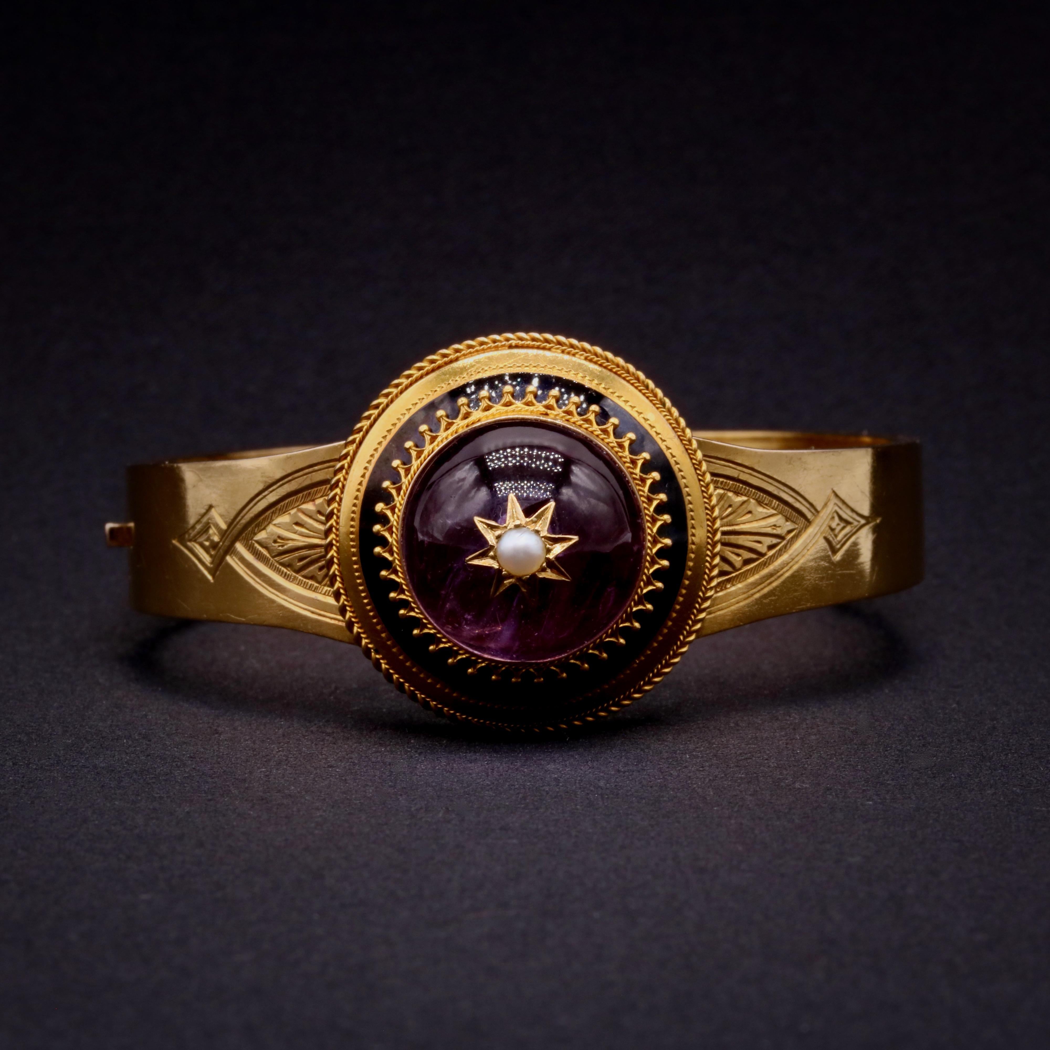 Cabochon Victorian Etruscan Style 18K Gold 13ct Amethyst, Pearl & Black Enamel Bangle For Sale
