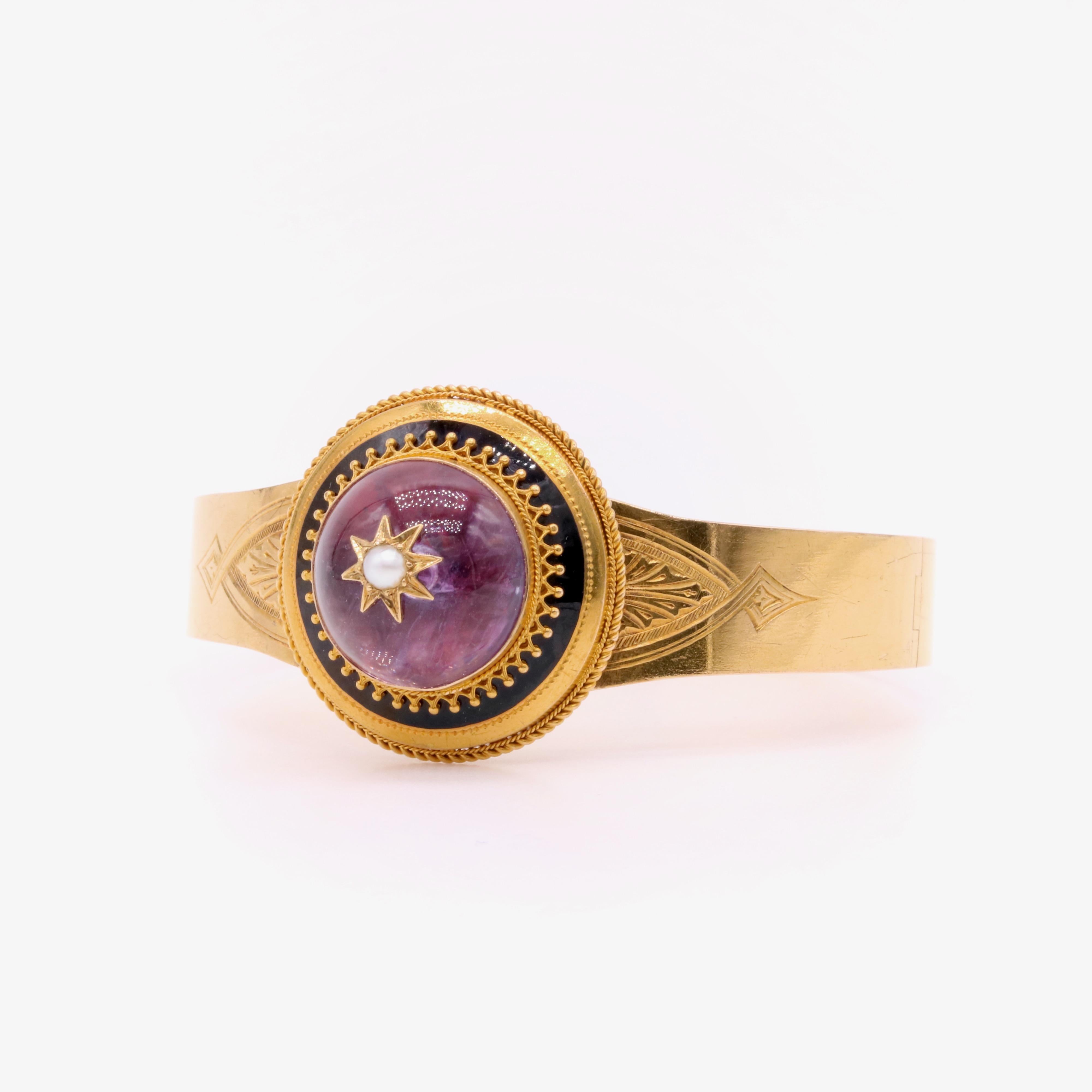 Victorian Etruscan Style 18K Gold 13ct Amethyst, Pearl & Black Enamel Bangle In Good Condition For Sale In Staines-Upon-Thames, GB