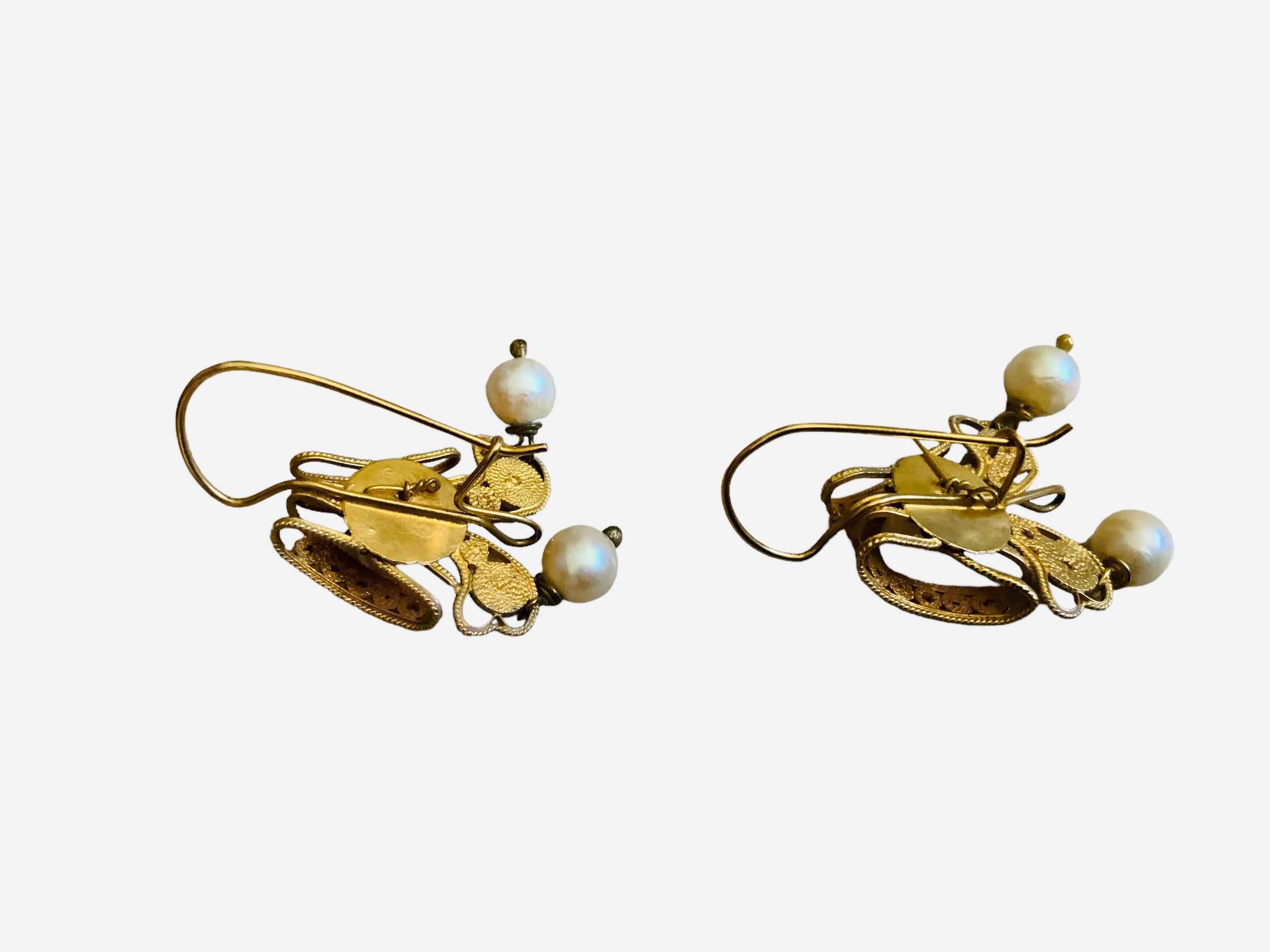 Etruscan Revival Victorian Etruscan Style 18k Gold Pearls Pair of Earrings For Sale