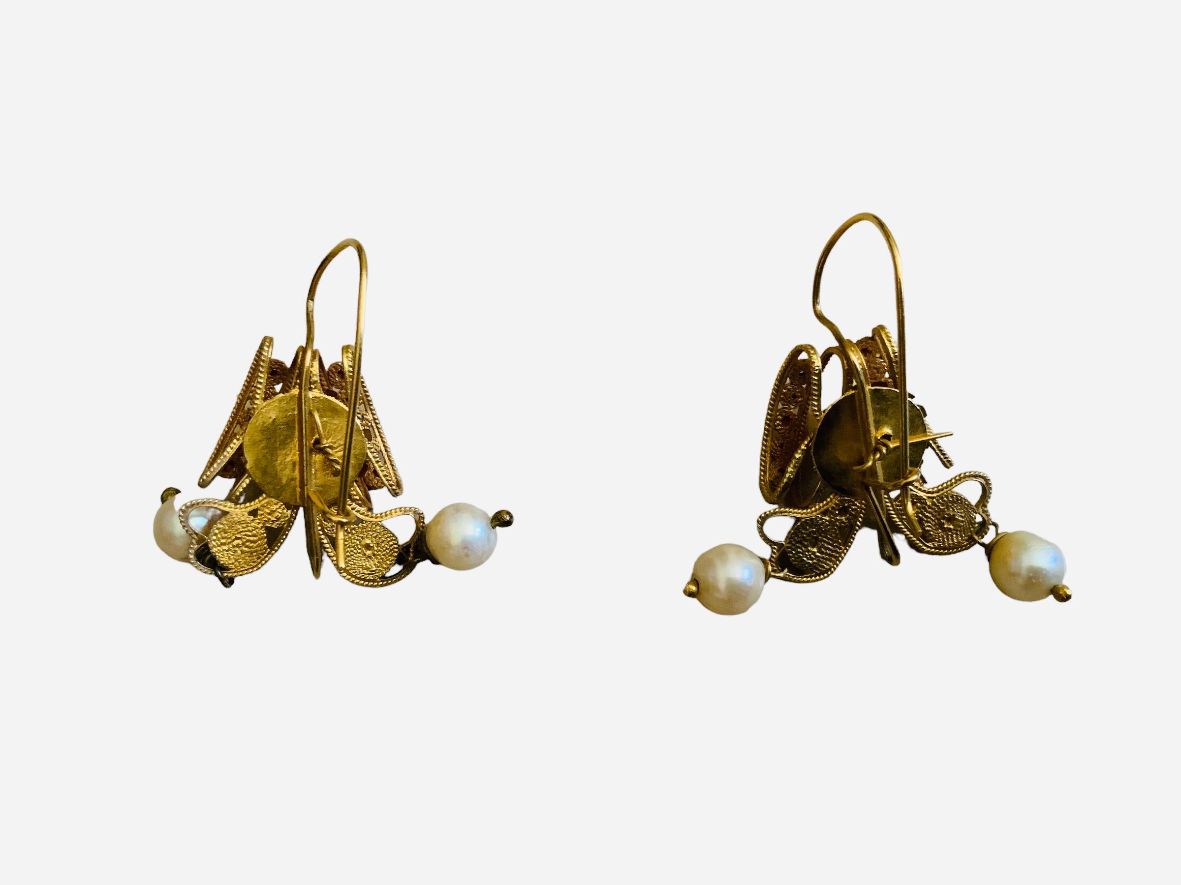 Round Cut Victorian Etruscan Style 18k Gold Pearls Pair of Earrings For Sale