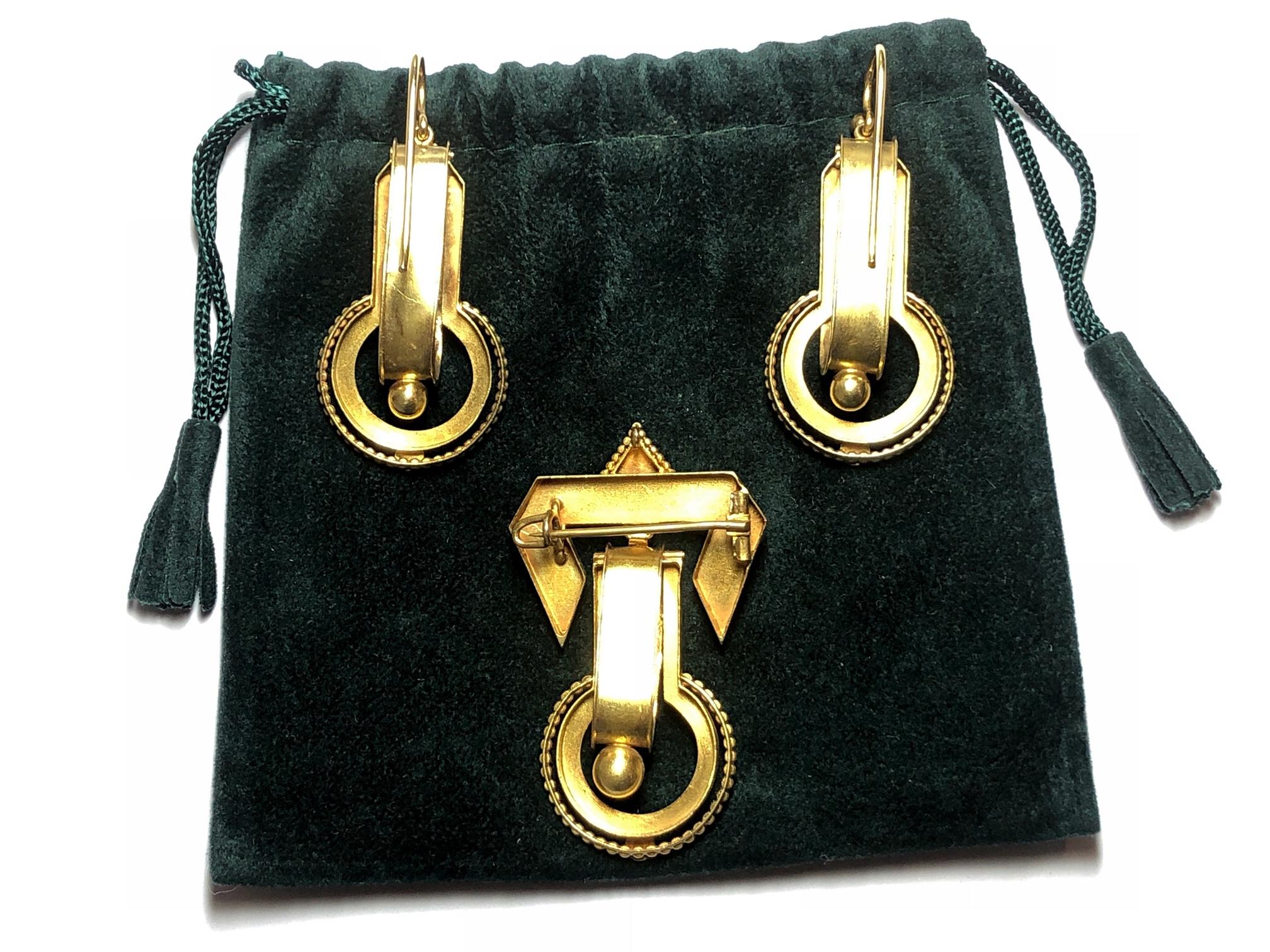Women's Victorian Etruscan Style Brooch and Earrings Gold Suite, Circa 1875 For Sale