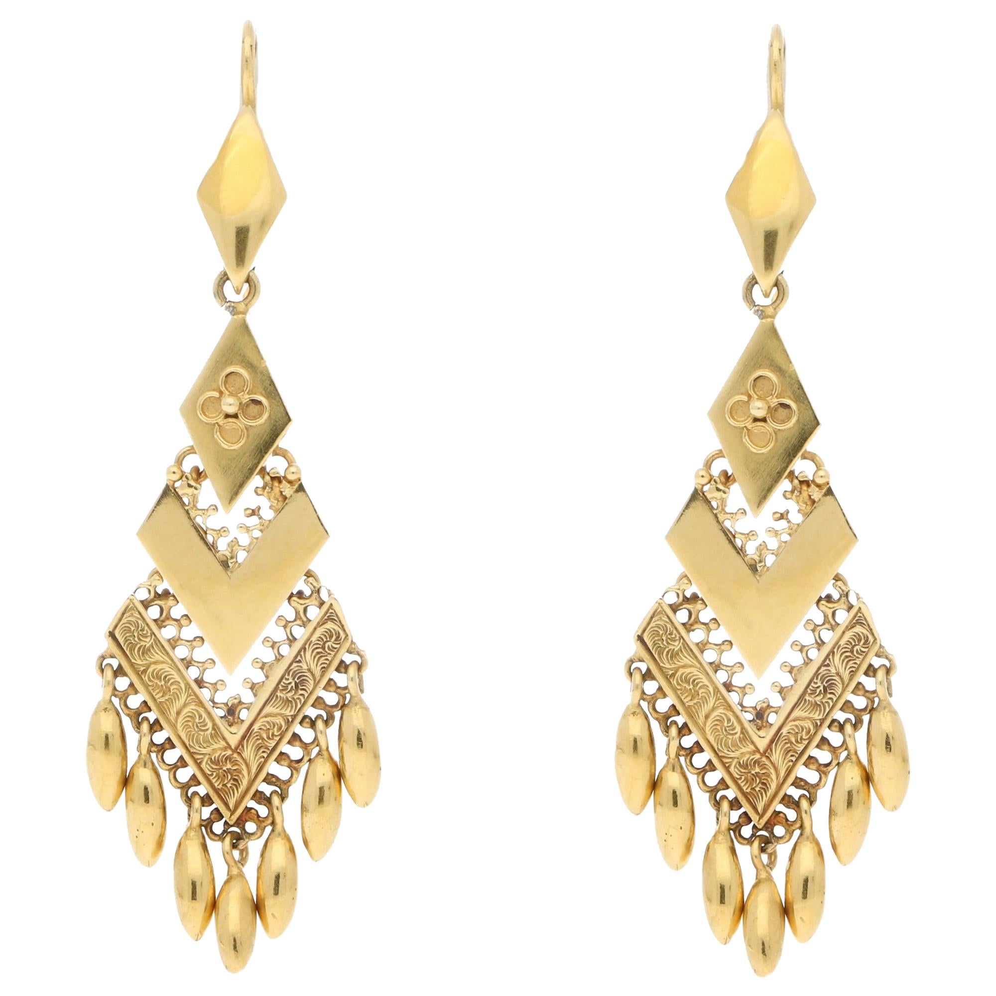 Victorian Etruscan Style Drop Earrings Made of Solid 18 Karat Yellow Gold