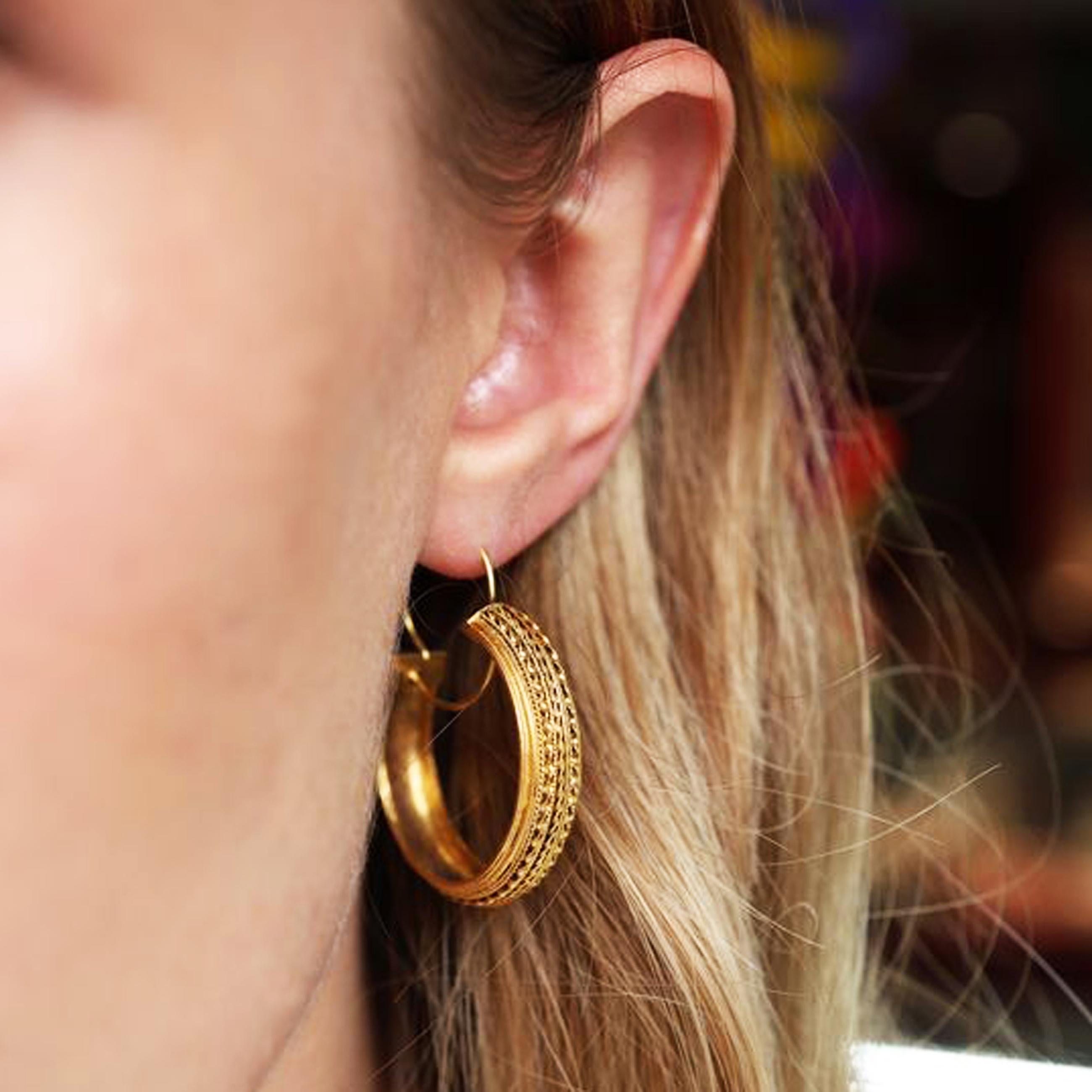 Women's Victorian Etruscan Style Gold Hoop Earrings, Circa 1875 For Sale