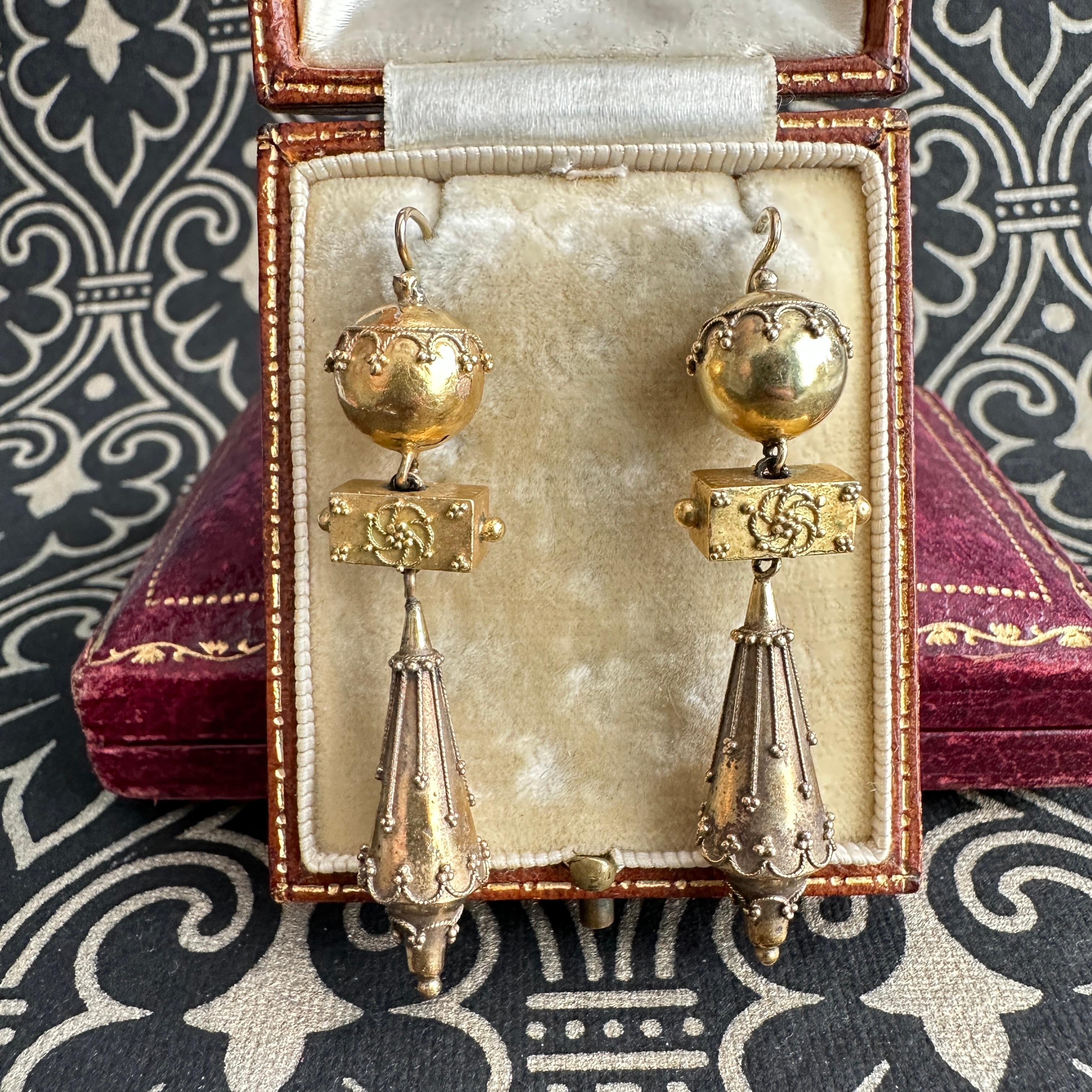 Victorian Etruscan Torpedo Filigree 18K 14K Earrings In Good Condition In Scotts Valley, CA