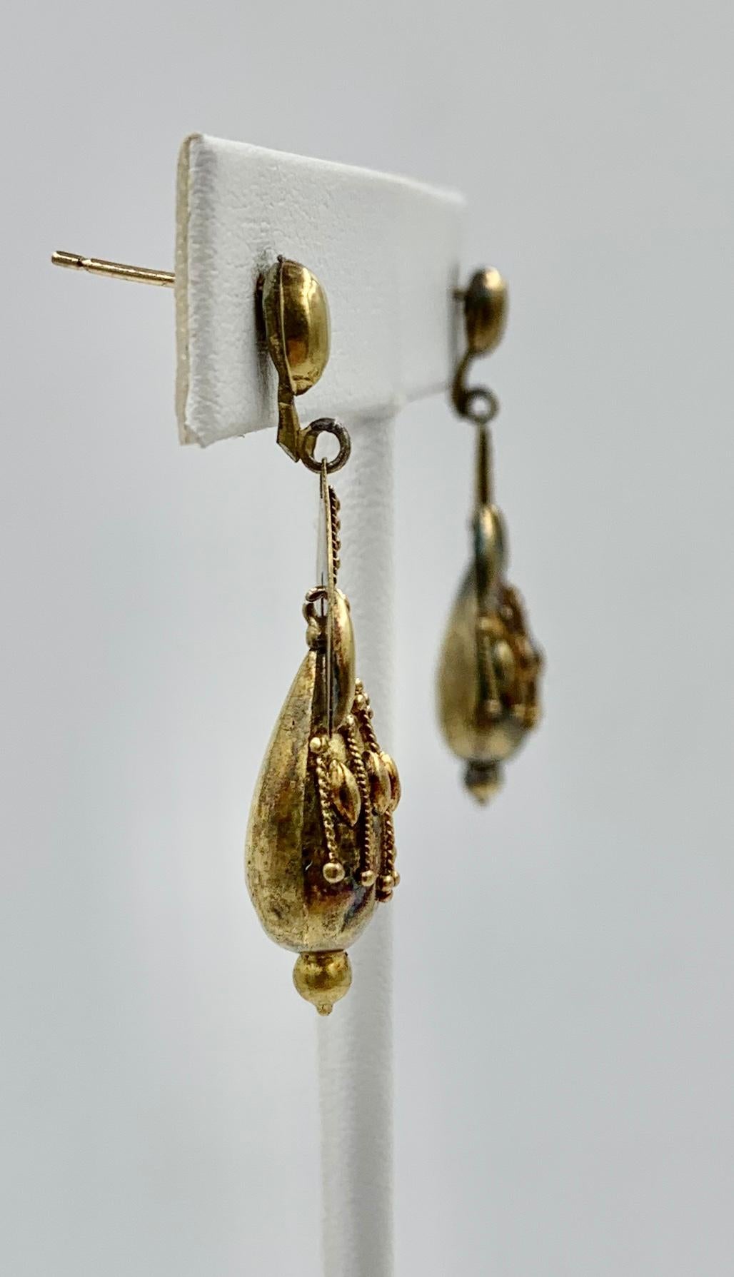 Women's Victorian Etruscan Torpedo Pendant Dangle Drop Earrings 14 Karat Gold Circa 1860