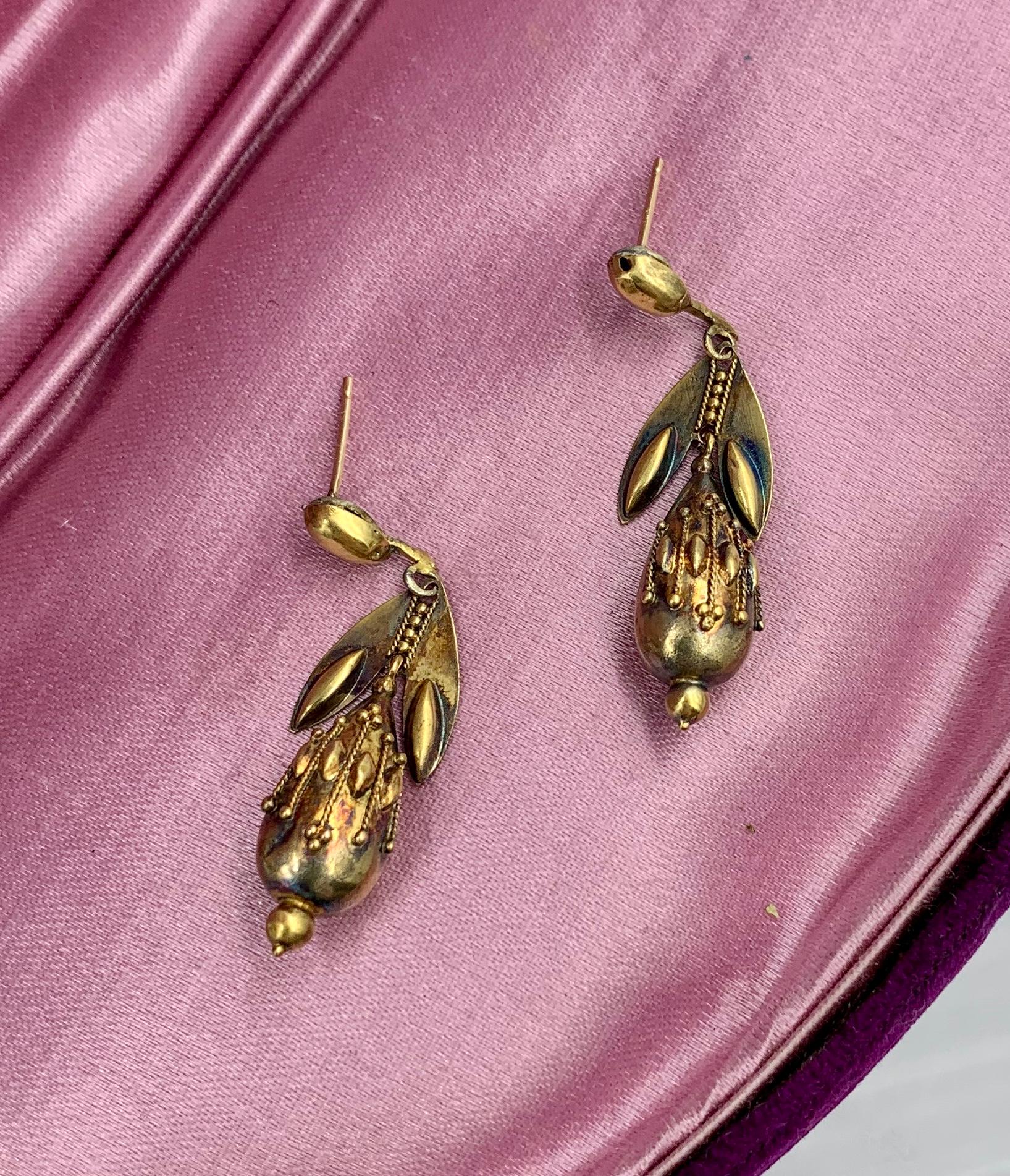 Victorian Etruscan Torpedo Pendant Dangle Drop Earrings 14 Karat Gold Circa 1860 1