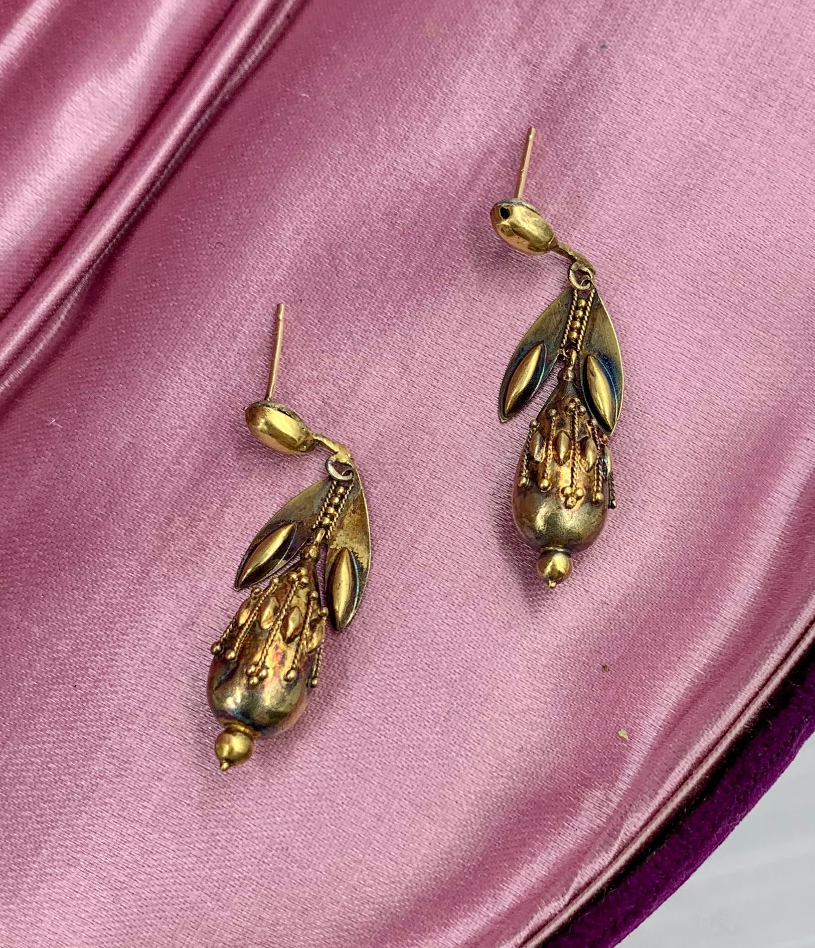 Victorian Etruscan Torpedo Pendant Dangle Drop Earrings 14 Karat Gold Circa 1860 For Sale 1