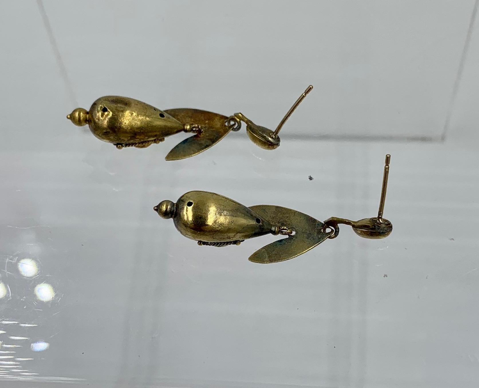 Victorian Etruscan Torpedo Pendant Dangle Drop Earrings 14 Karat Gold Circa 1860 For Sale 2