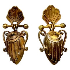Victorian Etruscan Urn Shell Dangle Drop Earrings 14 Karat Gold, circa 1860