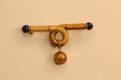 Victorian Etruscan Yellow Gold Bead Lapis Brooch